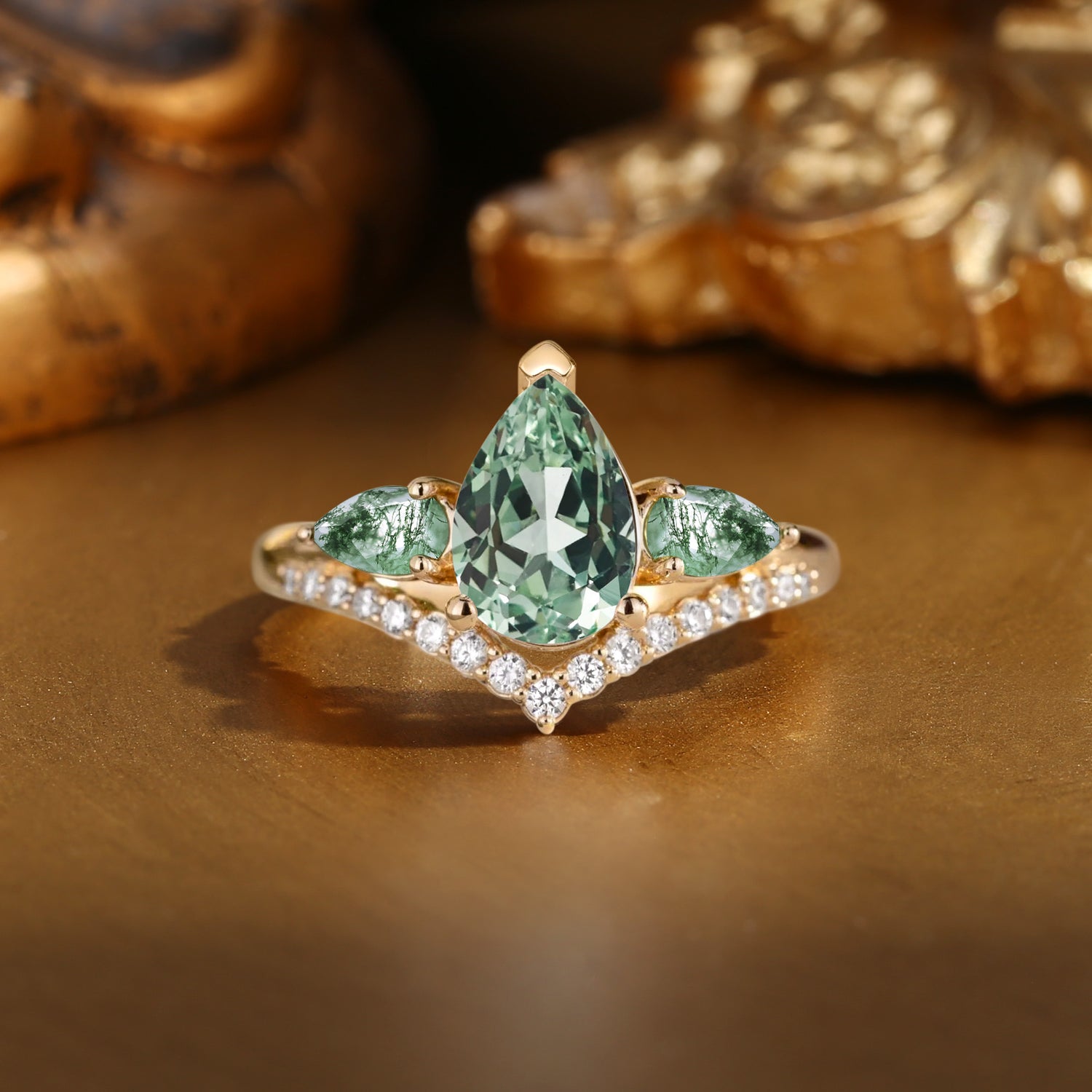 Elaia - Three Stone Pear Cut Green Sapphire Cluster Bridal Set 2pcs