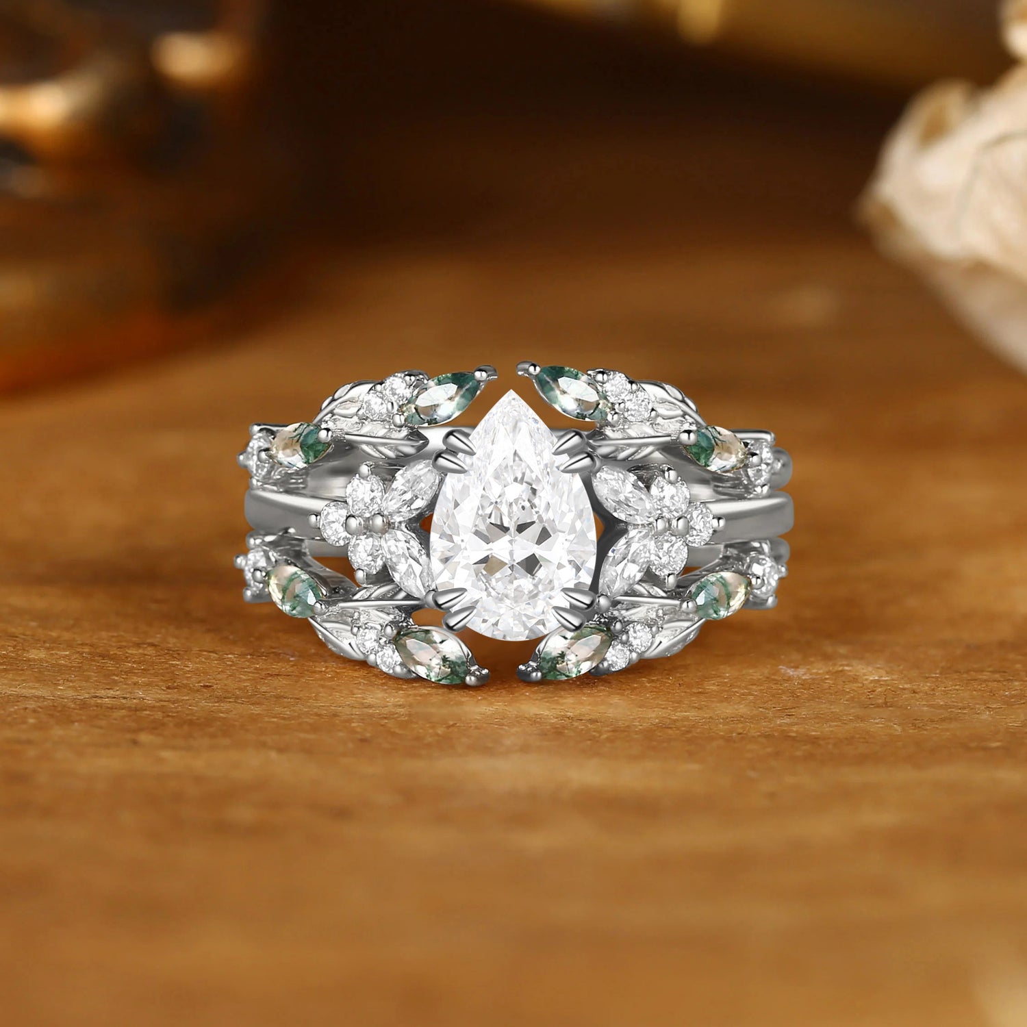 Jasmine - Vintage Pear Cut Lab Grown Diamond Cluster Moss Agate Leaf Ring Bridal Set