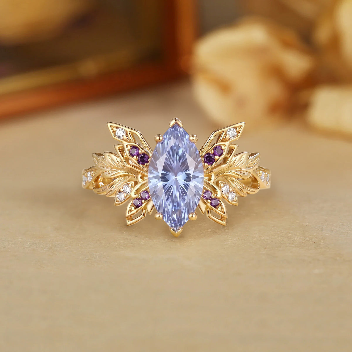Butterfly Wing Forest Fairy Marquise Firework Cut Purple Sapphire Leafy Engagement Ring - Inara