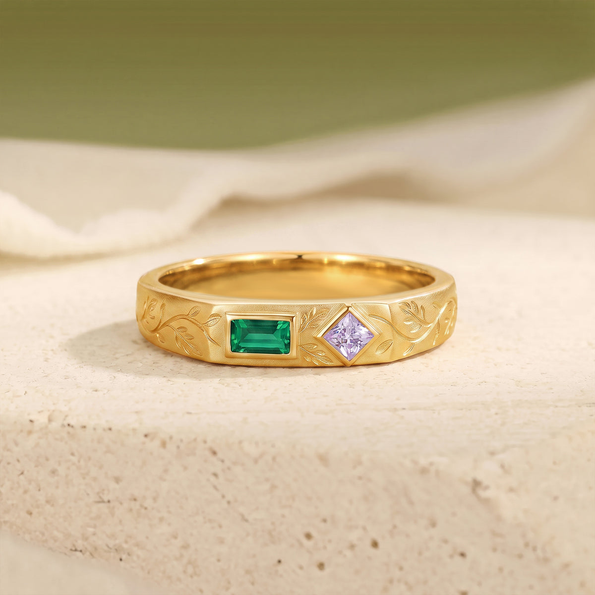Art Nouveau Emerald & Princess Cut Purple Sapphire Hand Engraved Leaf Vine men's Ring