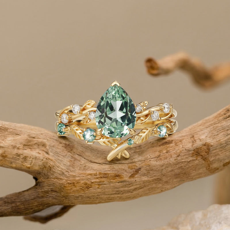 Clarissa - Pear Cut Lab Green Sapphire Leafy Bridal Set 2pcs