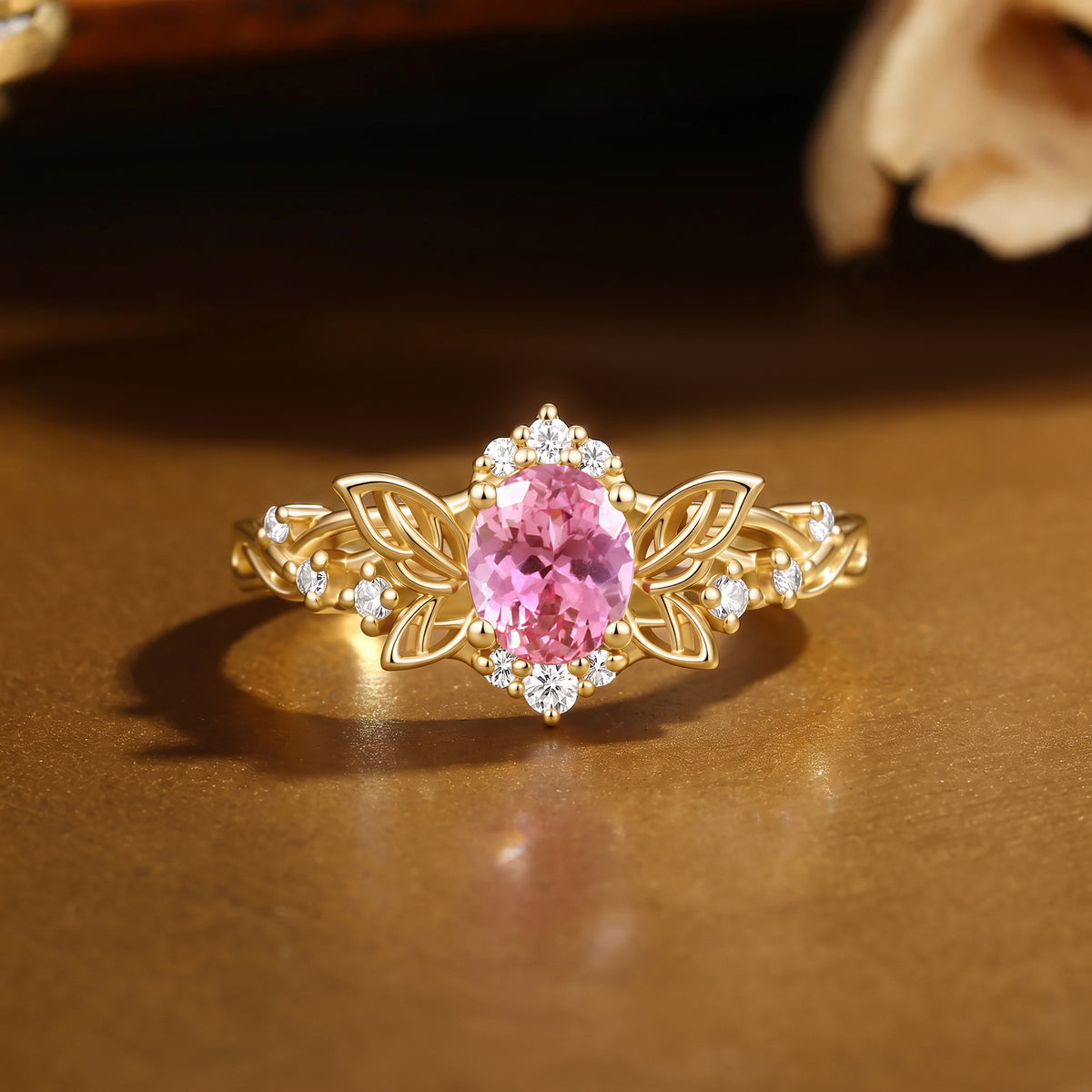 Butterfly Inspired Oval Cut Lab Pink Sapphire Leafy Fairytale Engagement Ring-Violette