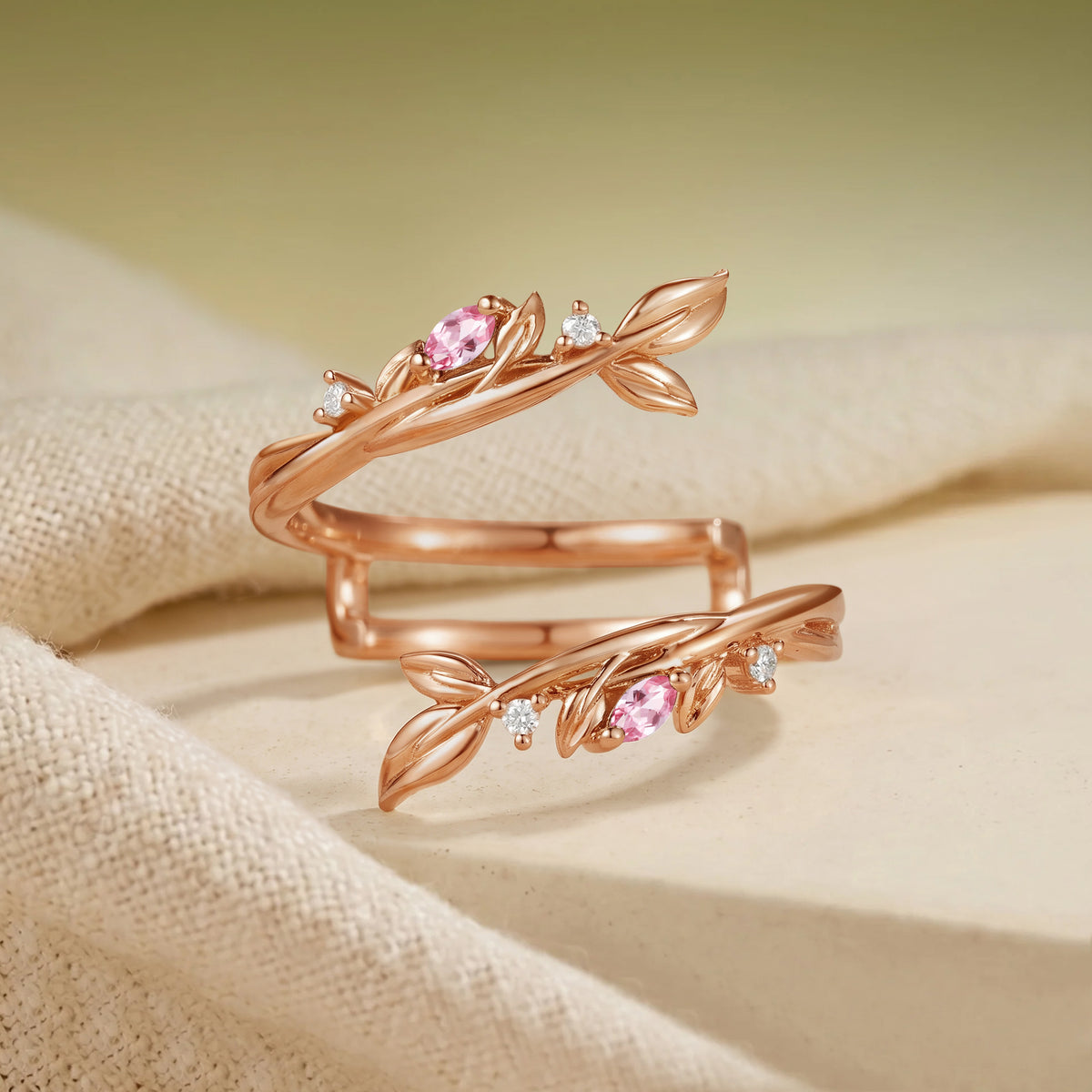 Soft Marquise Padparadscha Sapphire Leaf Stackable Wedding Ring Set