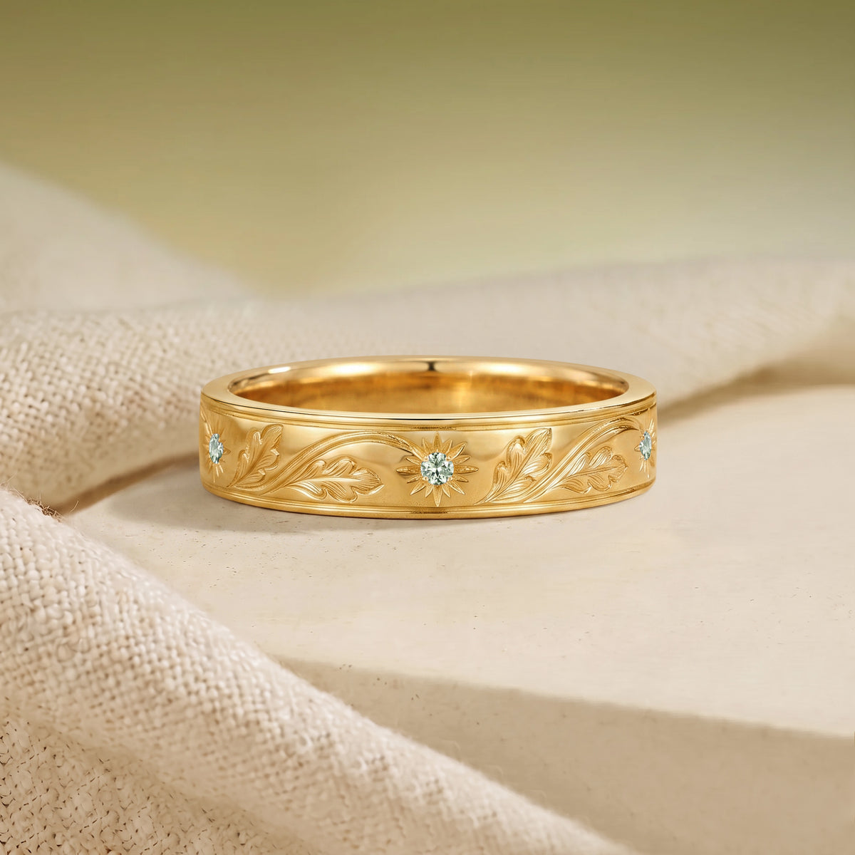 Art Carved Green Sapphire Oak Leaf Inspired Anniversary Ring - Men Band