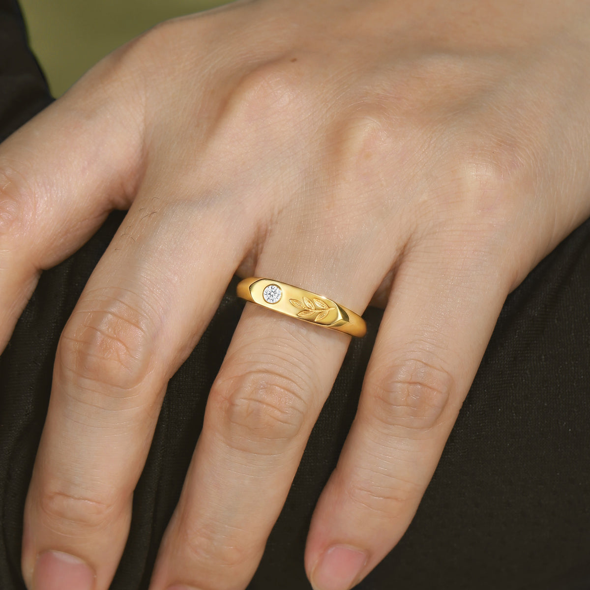 Art Signet Engraved Moissanite Leafy Inspired Anniversary Ring - Men Band