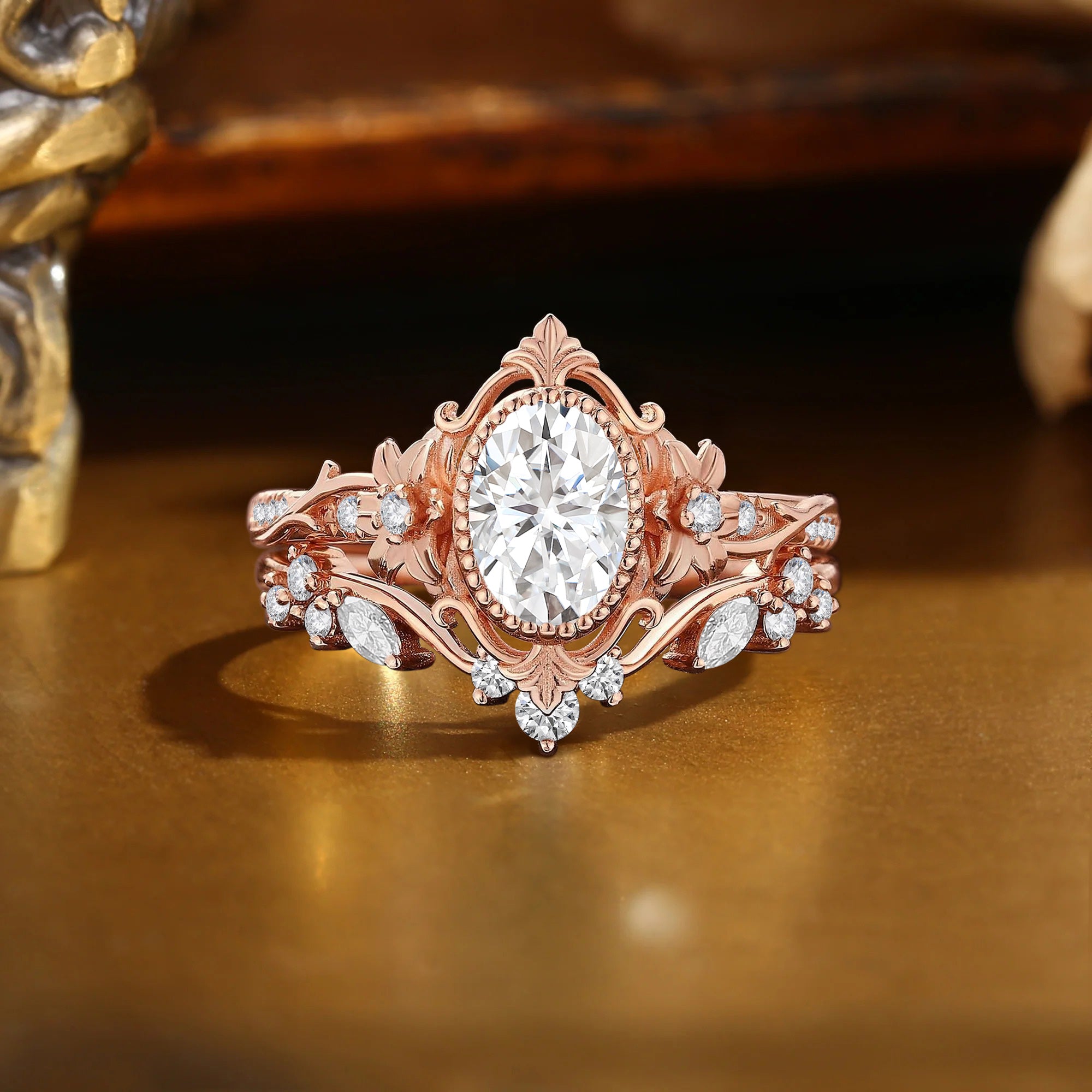 Sibylla - Oval Cut Moissanite Flower Royalcore Vintage Engagement Ring Set 2Pcs