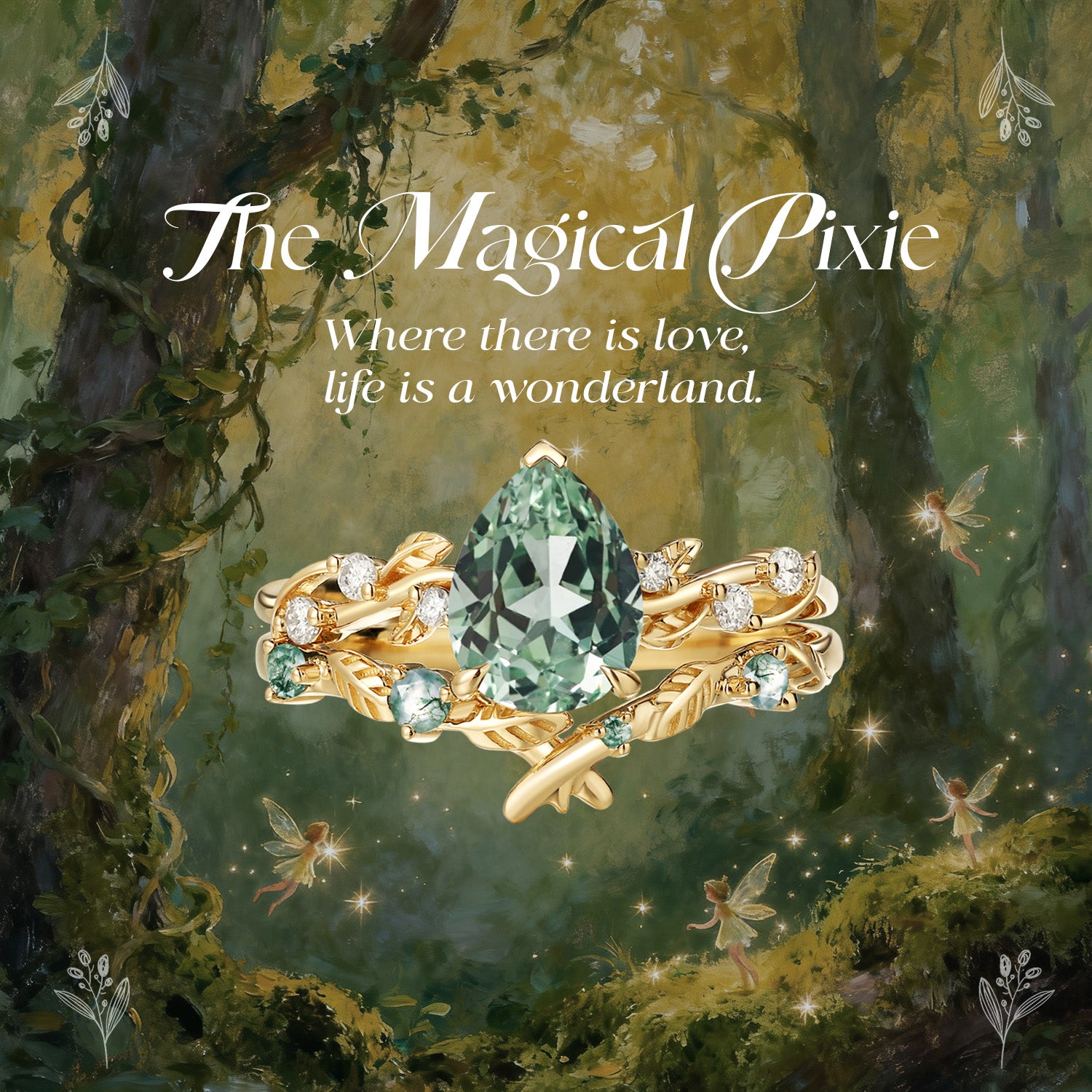 Clarissa - Pear Cut Lab Green Sapphire Leafy Bridal Set 2pcs