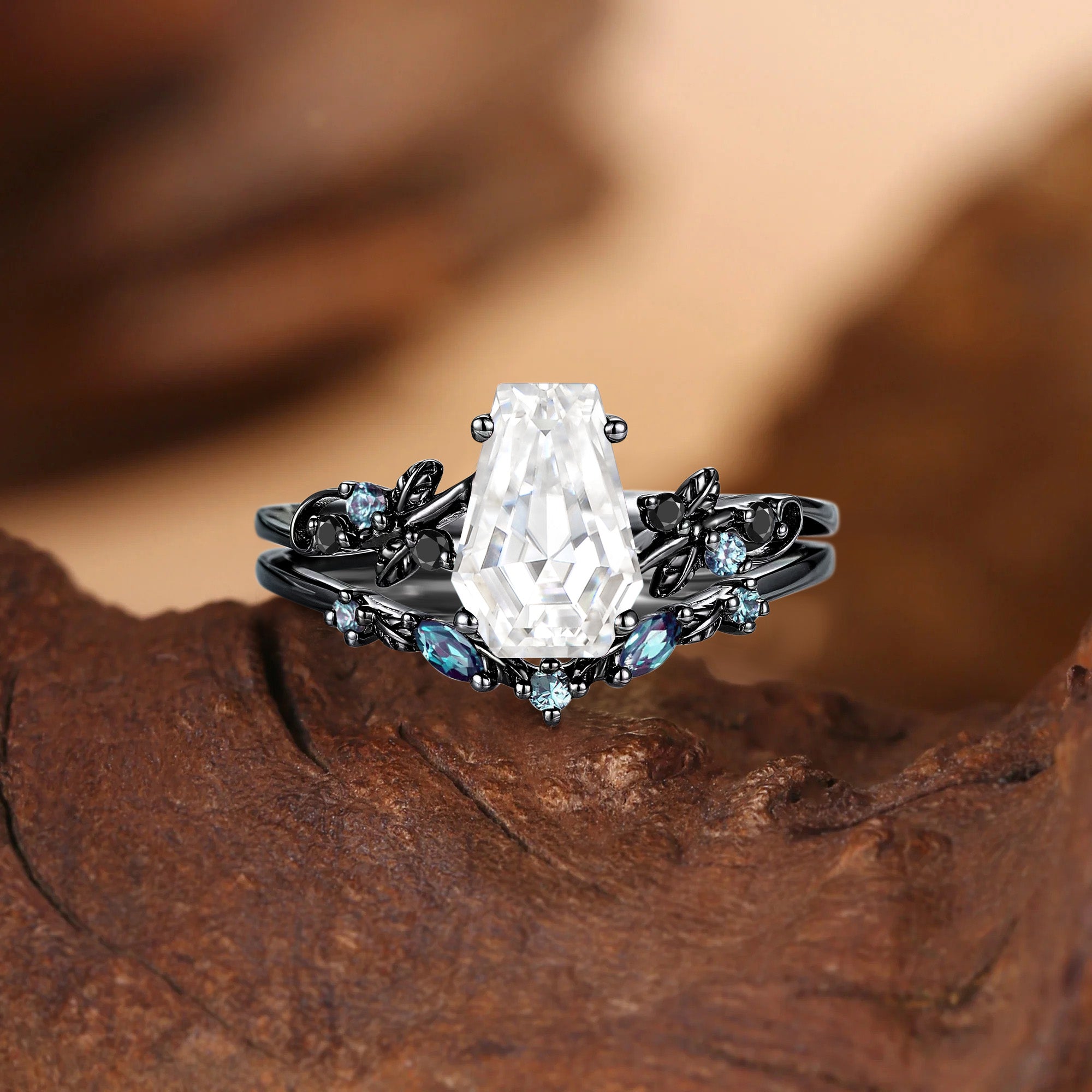 Caroline - Nature Inspired Coffin Cut Moissanite Leafy Bridal Set 2pcs