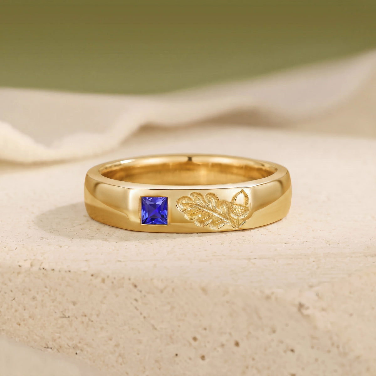 Rustic Woodland Princess Cut Royal Blue Sapphire Gold Men's Ring