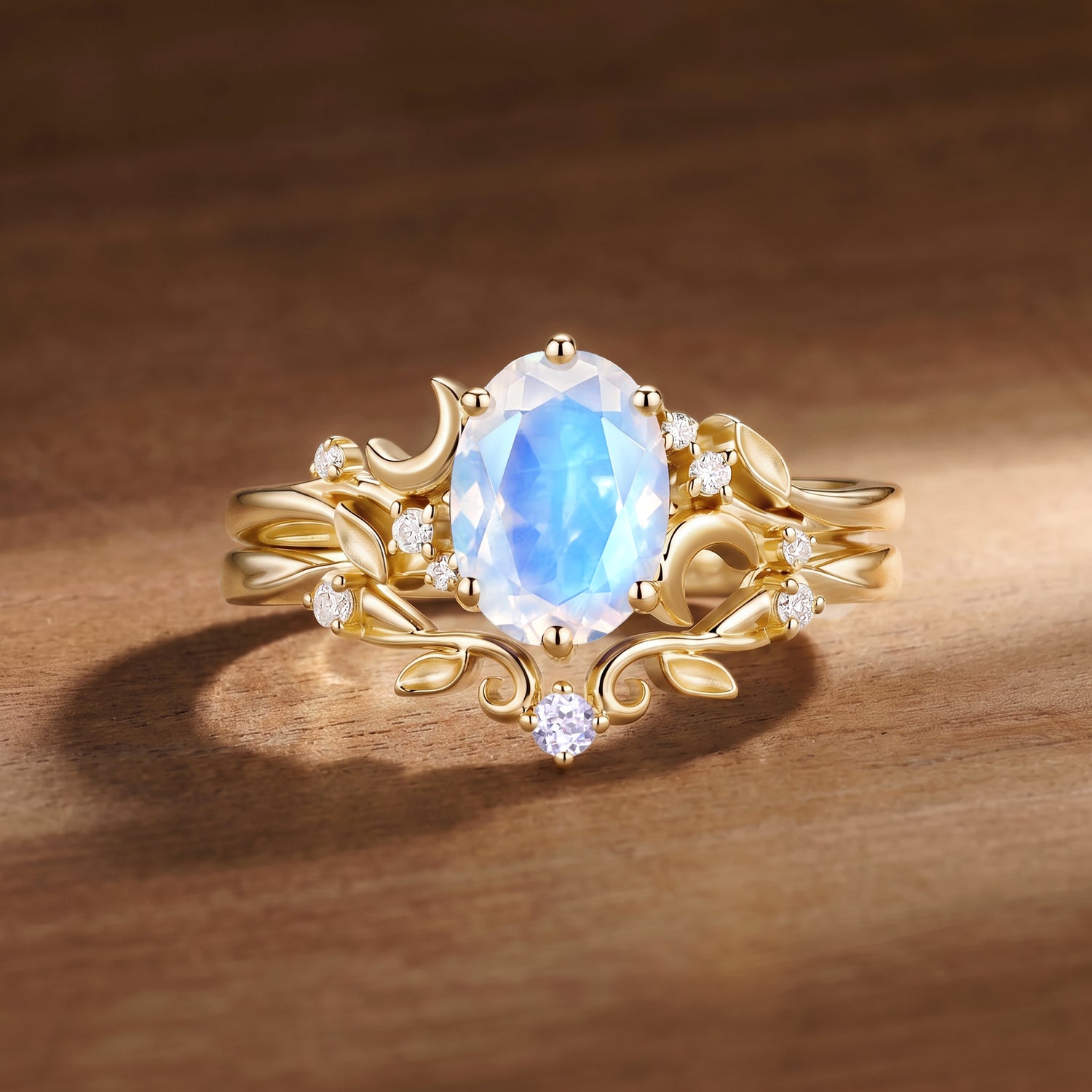 Moonlight Fairy Oval Cut Moonstone Moon & Leafy Ring Bridal Sets 2pcs - Meriel