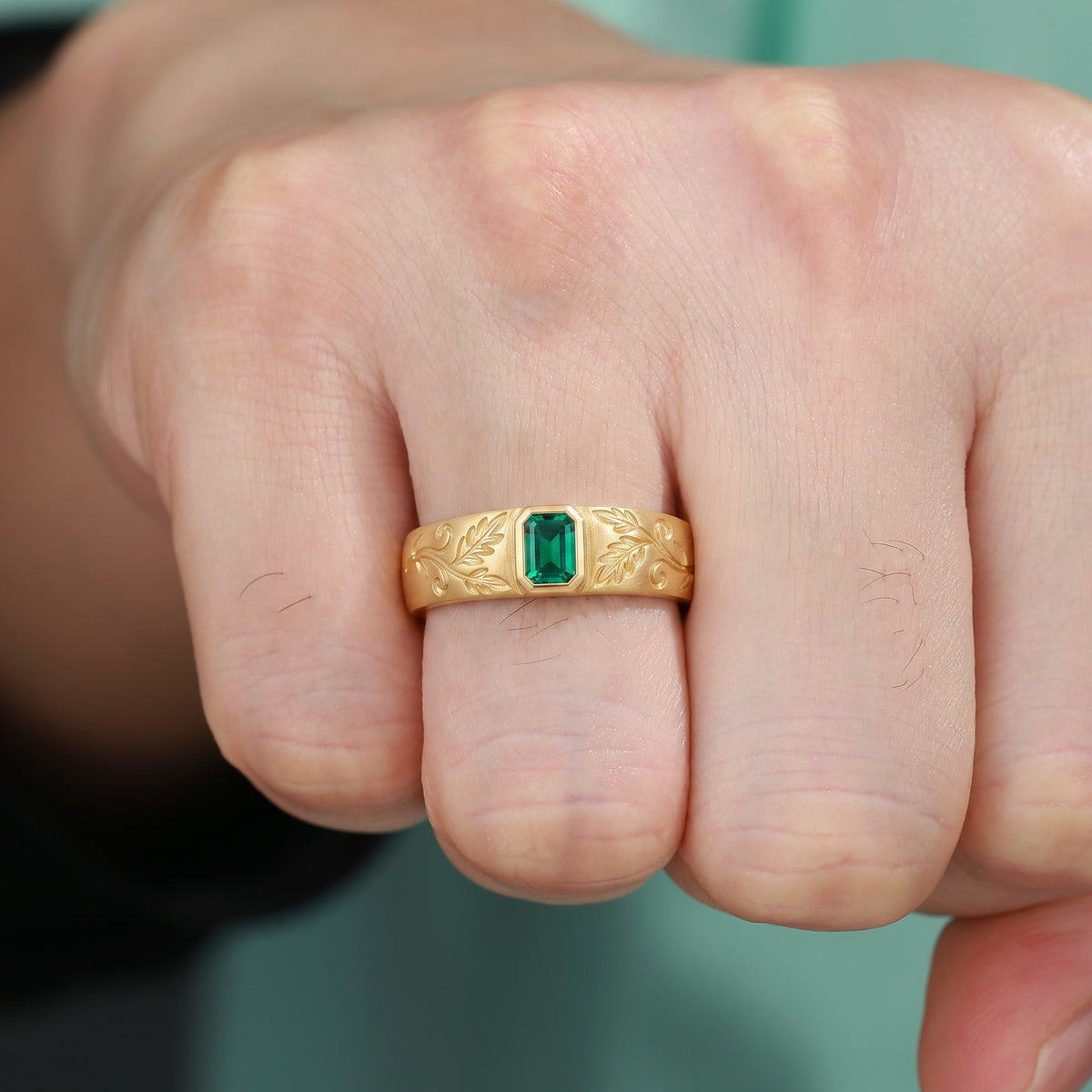4MM Vintage Emerald Cut Emerald Leaf Vine Hand Engraved Men's Ring