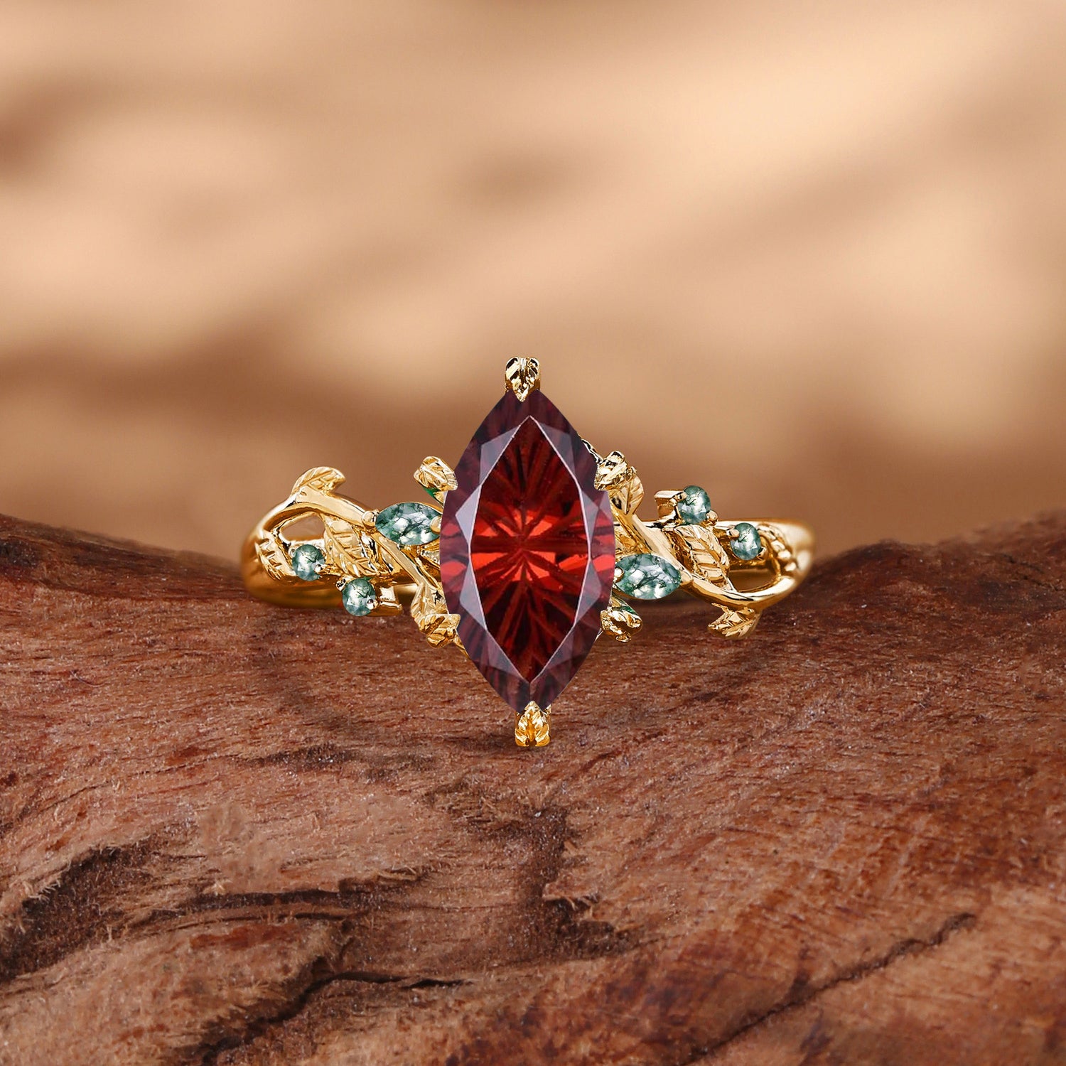 Nature Inspired Firework Marquise Cut Garnet Leafy Twist Engagement Ring
