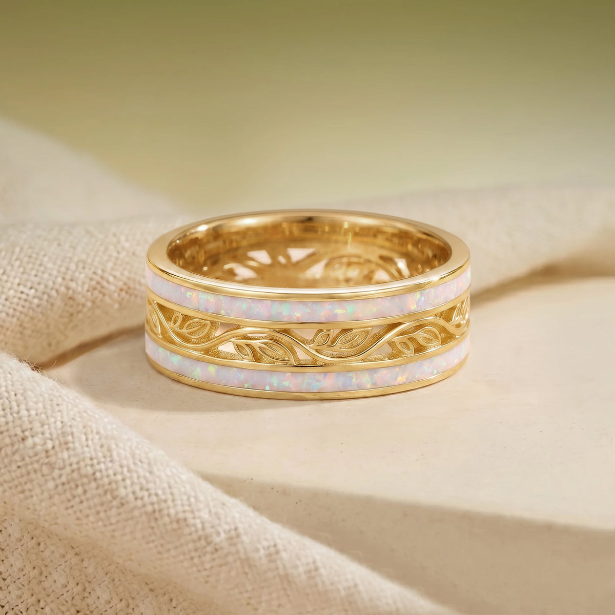 8MM Opal Leafy Branch Inspired Yellow Gold Men Rings