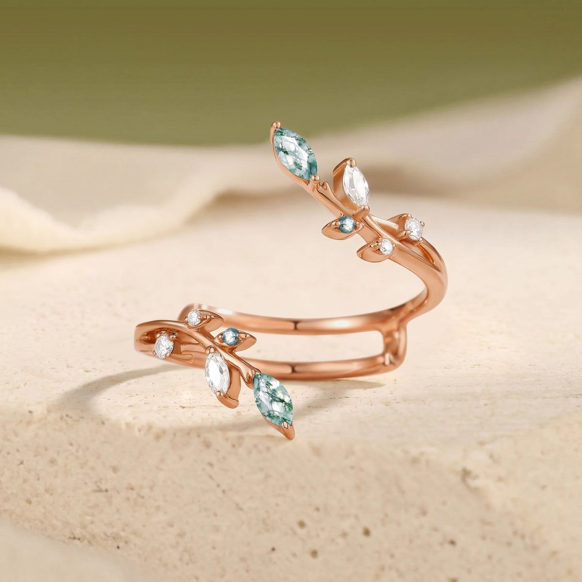 Artisan Leaf Inspired Moss Agate Wedding Band