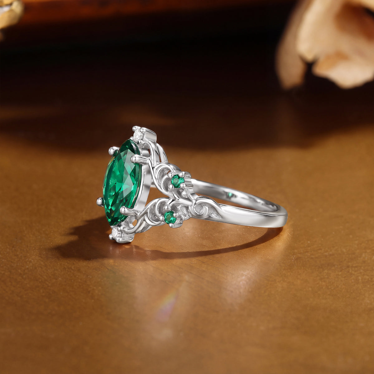 Lois - Marquise Lab Emerald Filigree Royalcore Wedding Ring