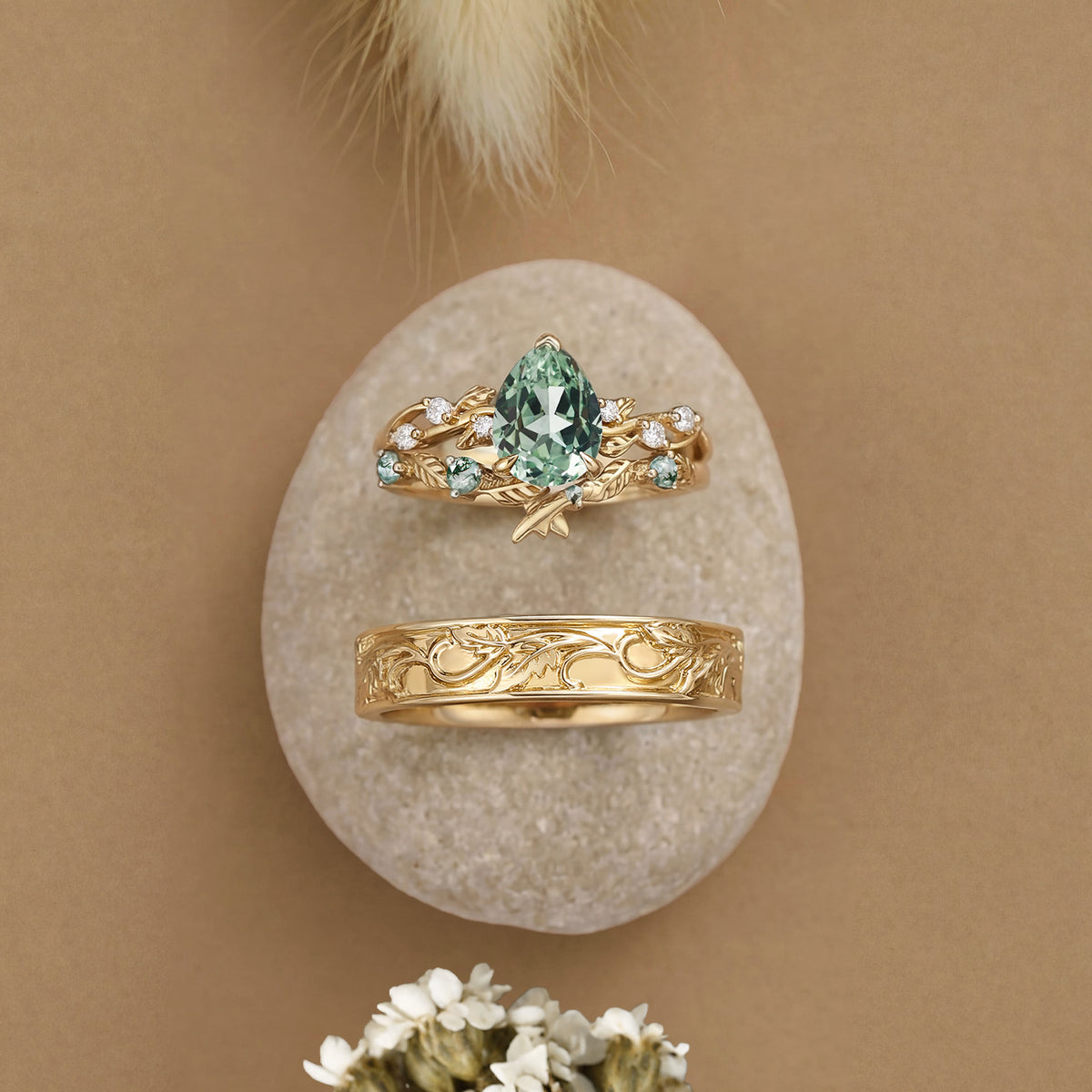 Leaves Inspired Lab Green Sapphire Pear Cut  Couple Ring Set - Clarissa