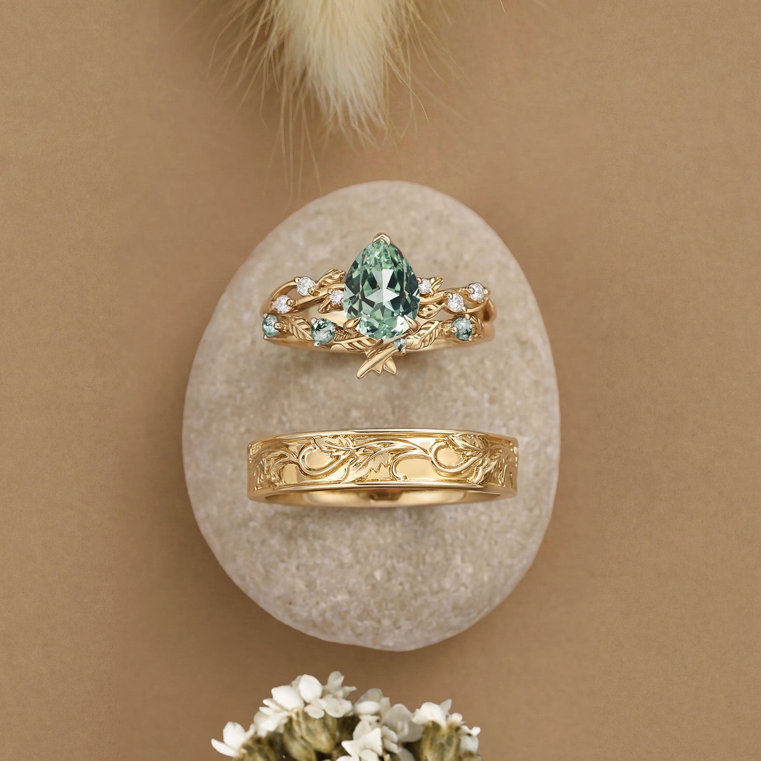 Leaves Inspired Lab Green Sapphire Pear Cut  Couple Ring Set - Clarissa