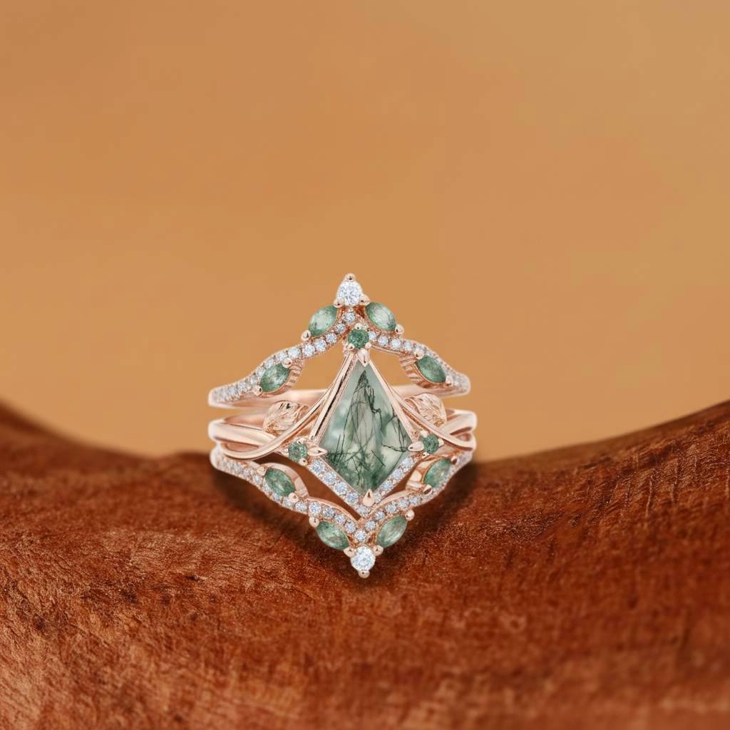 Kismet - Unique Bazel Moss Agate Kite Cut Vintage nature inspired Enhancer Bridal Set 2pcs