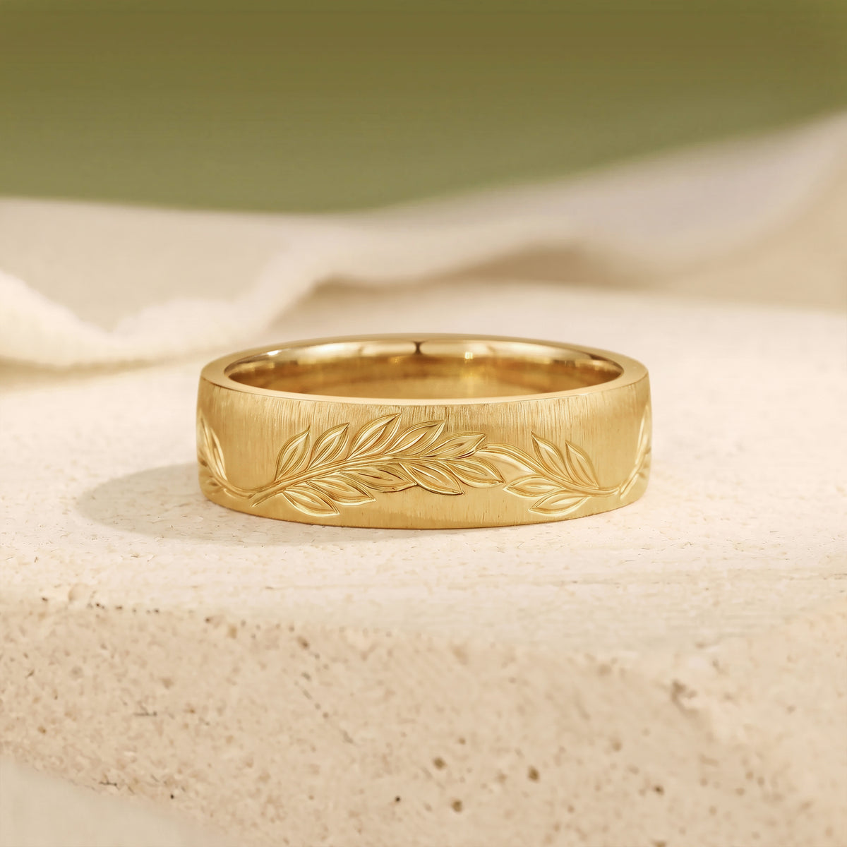 Unique Engraved Nature Leaf Inspired Anniversary Ring - Men Band