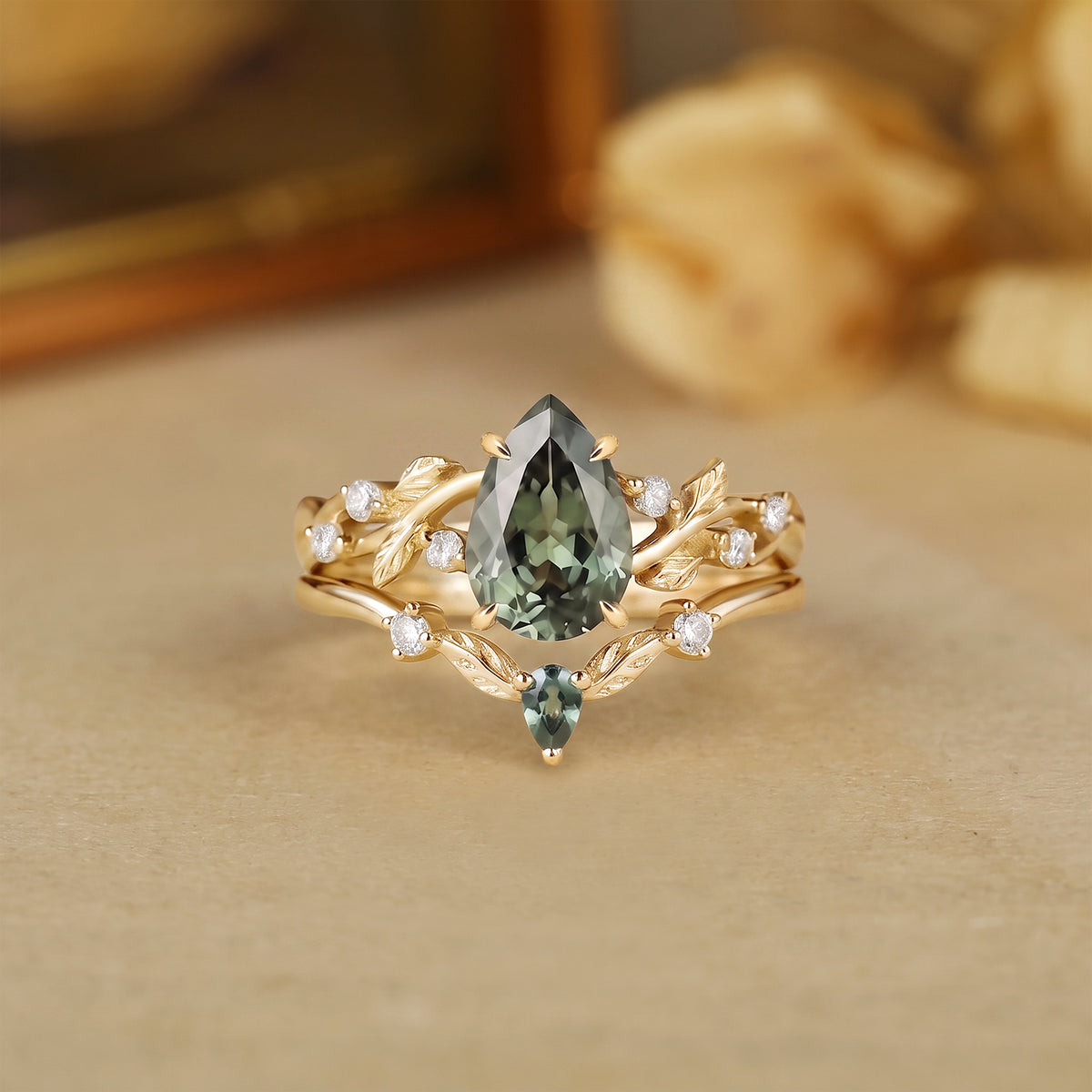 Pear Cut Lab Green Sapphire Twisted Vine Leaf Bridal Set 2pcs - Seren