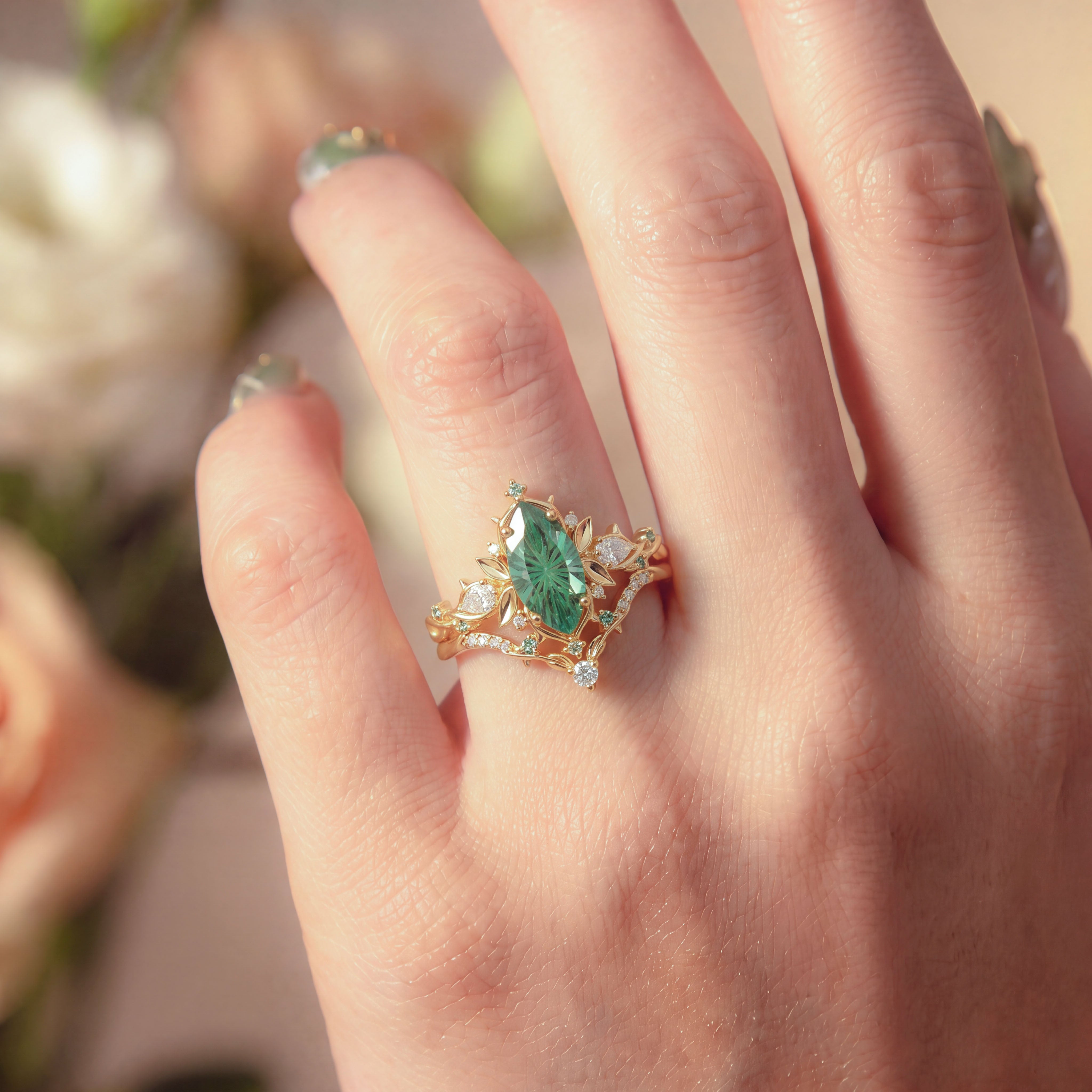 Forest Fairy Marquise Firework Cut Green Sapphire Leafy Inspired Bridal Set 2pcs - Fae