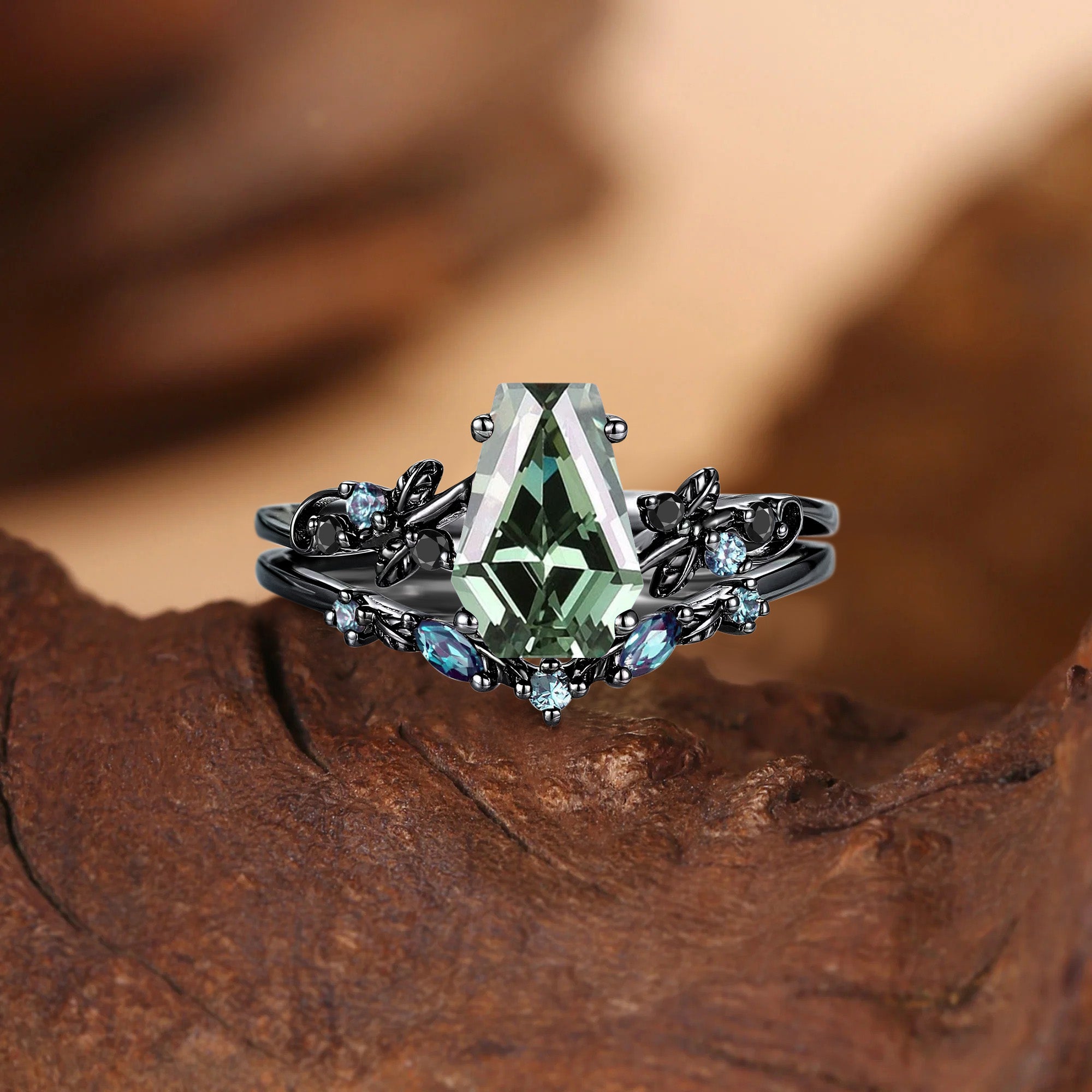 Caroline - Nature Inspired Coffin Cut Lab Green Sapphire Leafy Bridal Set 2pcs
