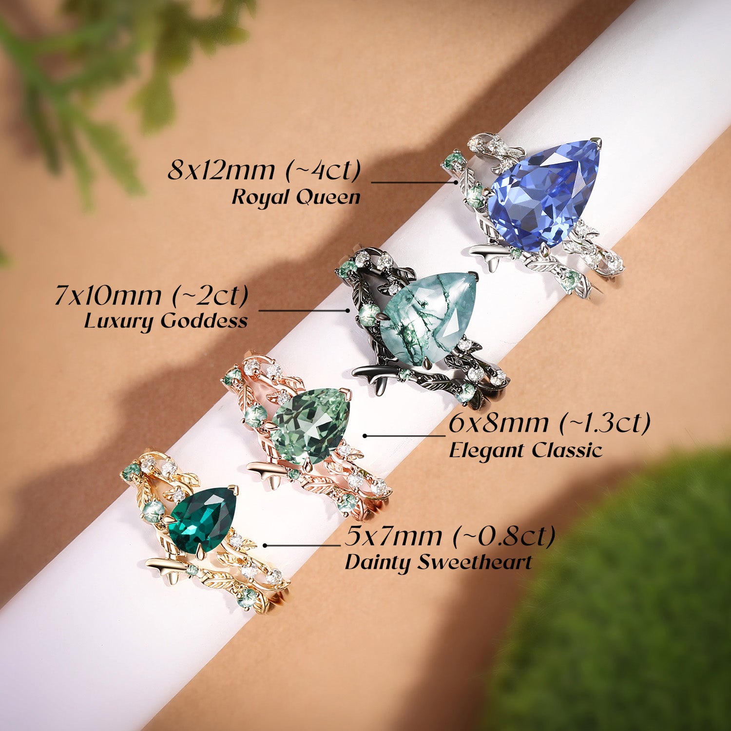 Clarissa - Pear Cut Lab Green Sapphire Leafy Bridal Set 2pcs