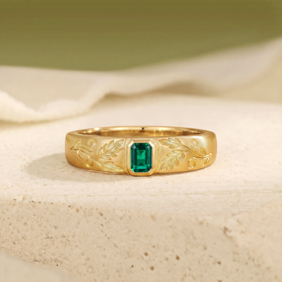 4MM Vintage Emerald Cut Emerald Leaf Vine Hand Engraved Men's Ring