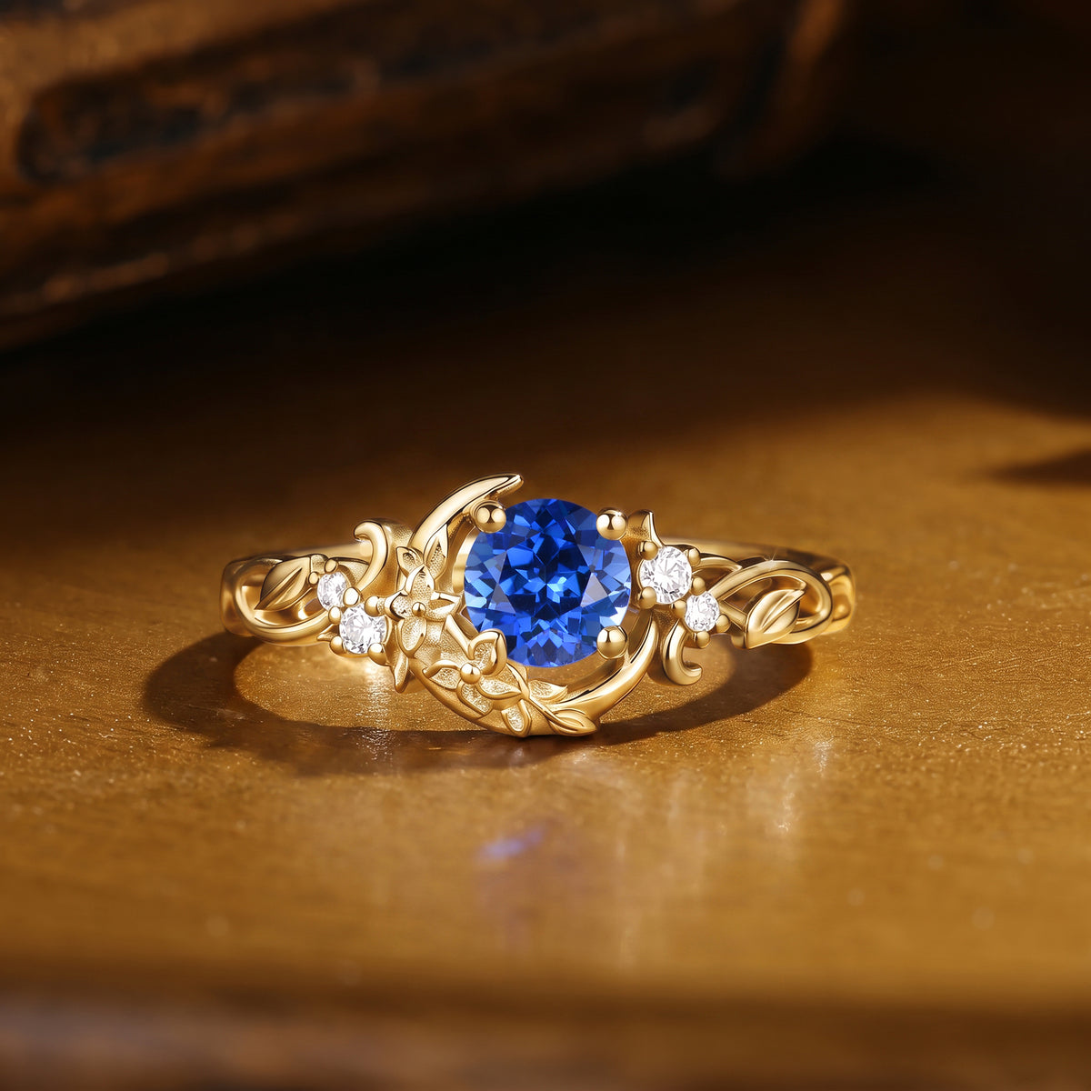 Leafy Flower & Crescent Moon Round Cut Blue Sapphire Engagement Ring - Lyric