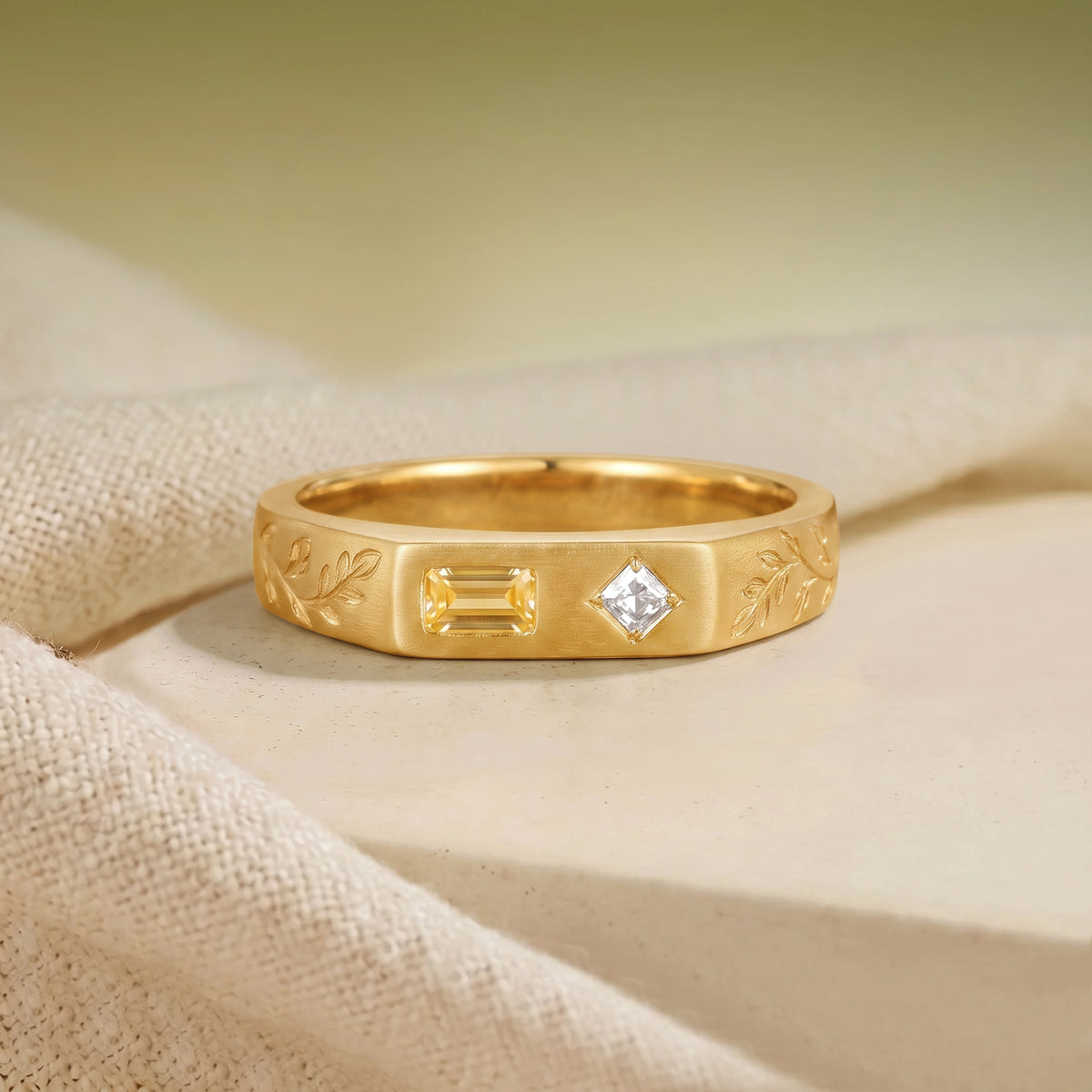 3.5MM Antique Yellow Citrine & Princess Cut Moissanite Engraved Leaf Men's Ring