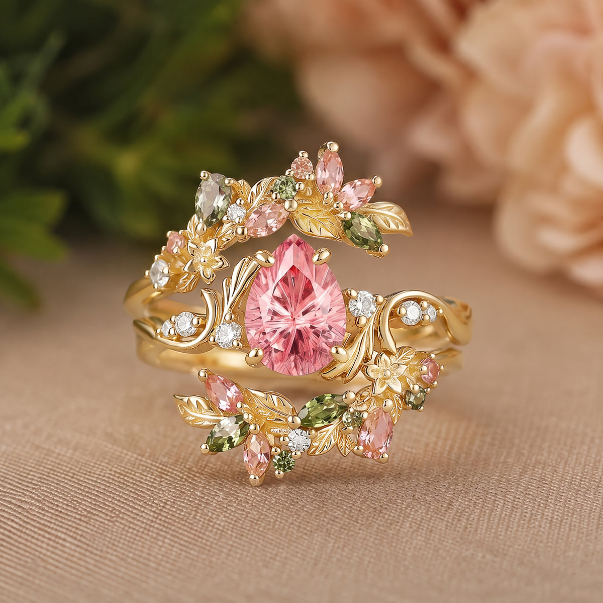 Pear Cut Padparadscha Sapphire Leafy Bridal Set 2pcs- Orielle