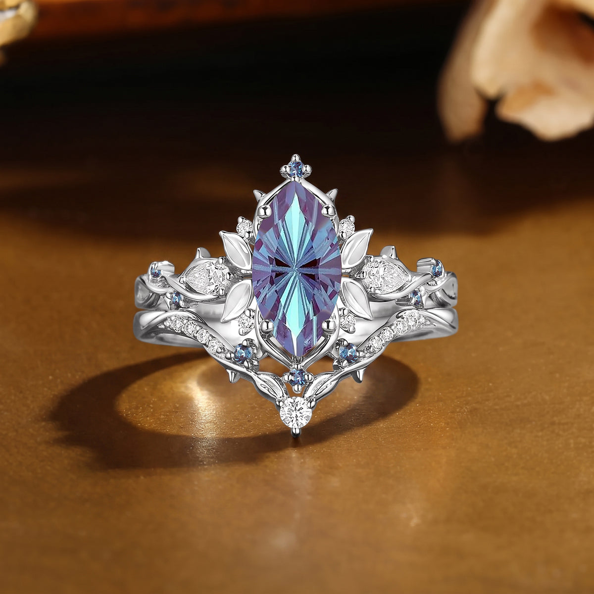 Forest Fairy Marquise Firework Cut Alexandrite Leafy Inspired Bridal Set 2pcs - Fae