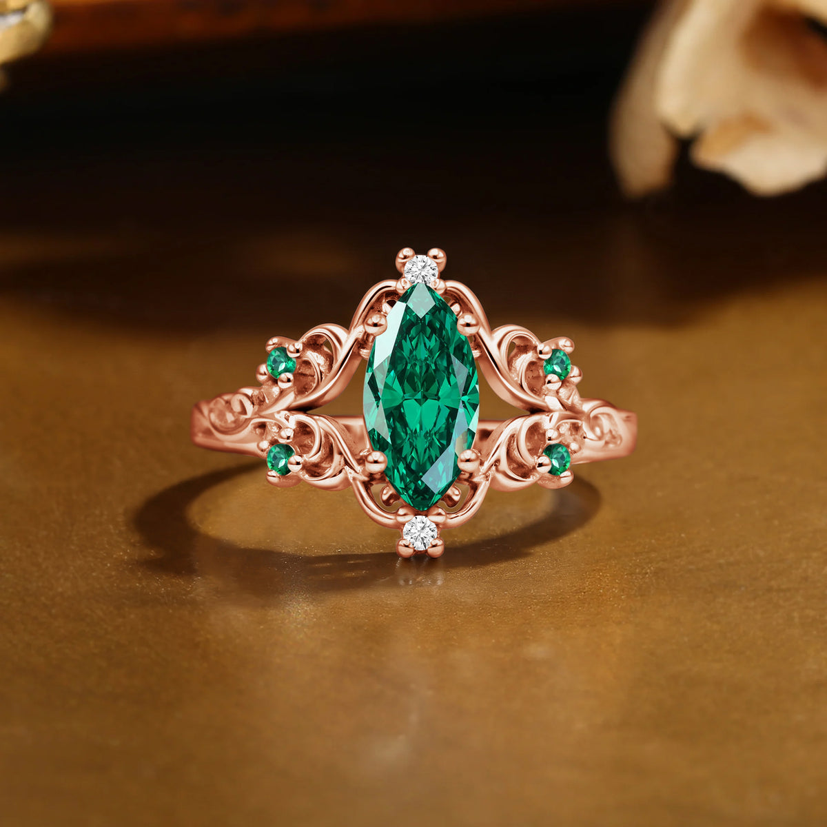 Lois - Marquise Lab Emerald Filigree Royalcore Wedding Ring