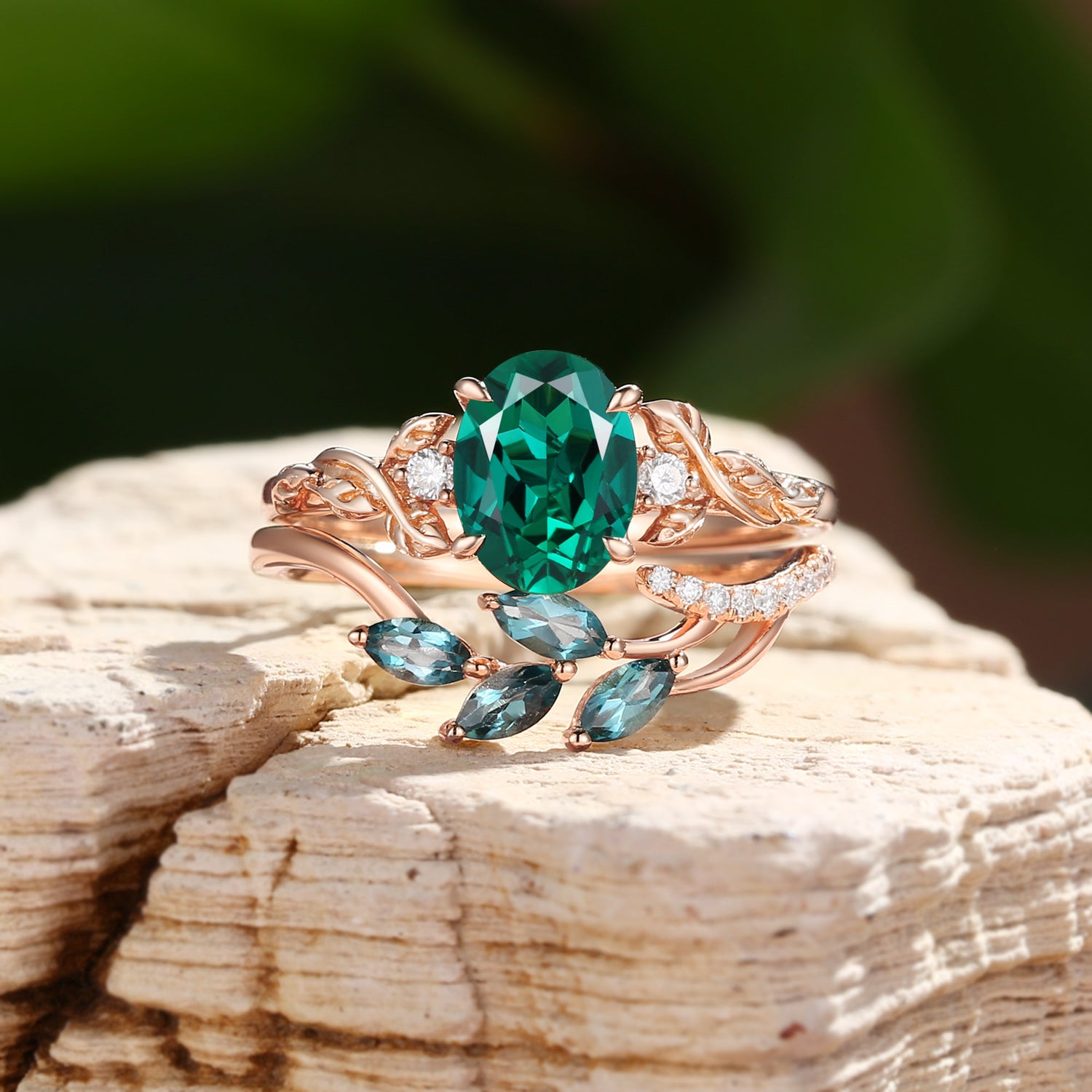 Eden - Oval Cut Lab Emerald Vintage Leaf Branch Bridal Sets 2pcs