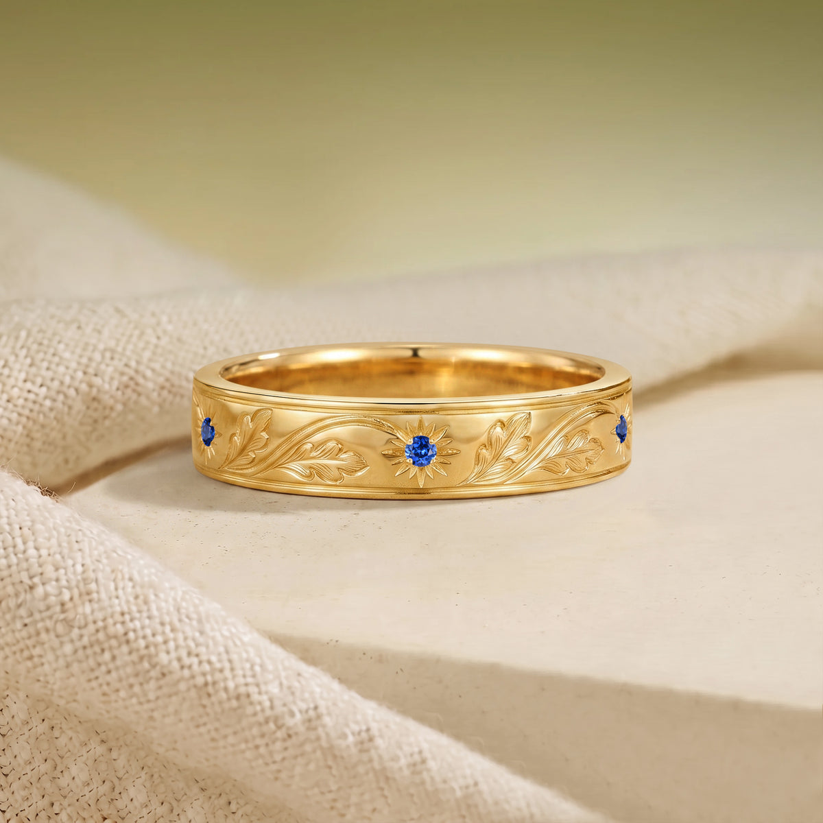 Art Carved Blue Sapphire Oak Leaf Inspired Anniversary Ring - Men Band