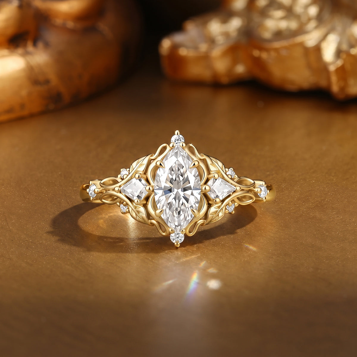 Nature Inspired Marquise Cut Moissanite Unique Leafy Engagement Ring - Nell