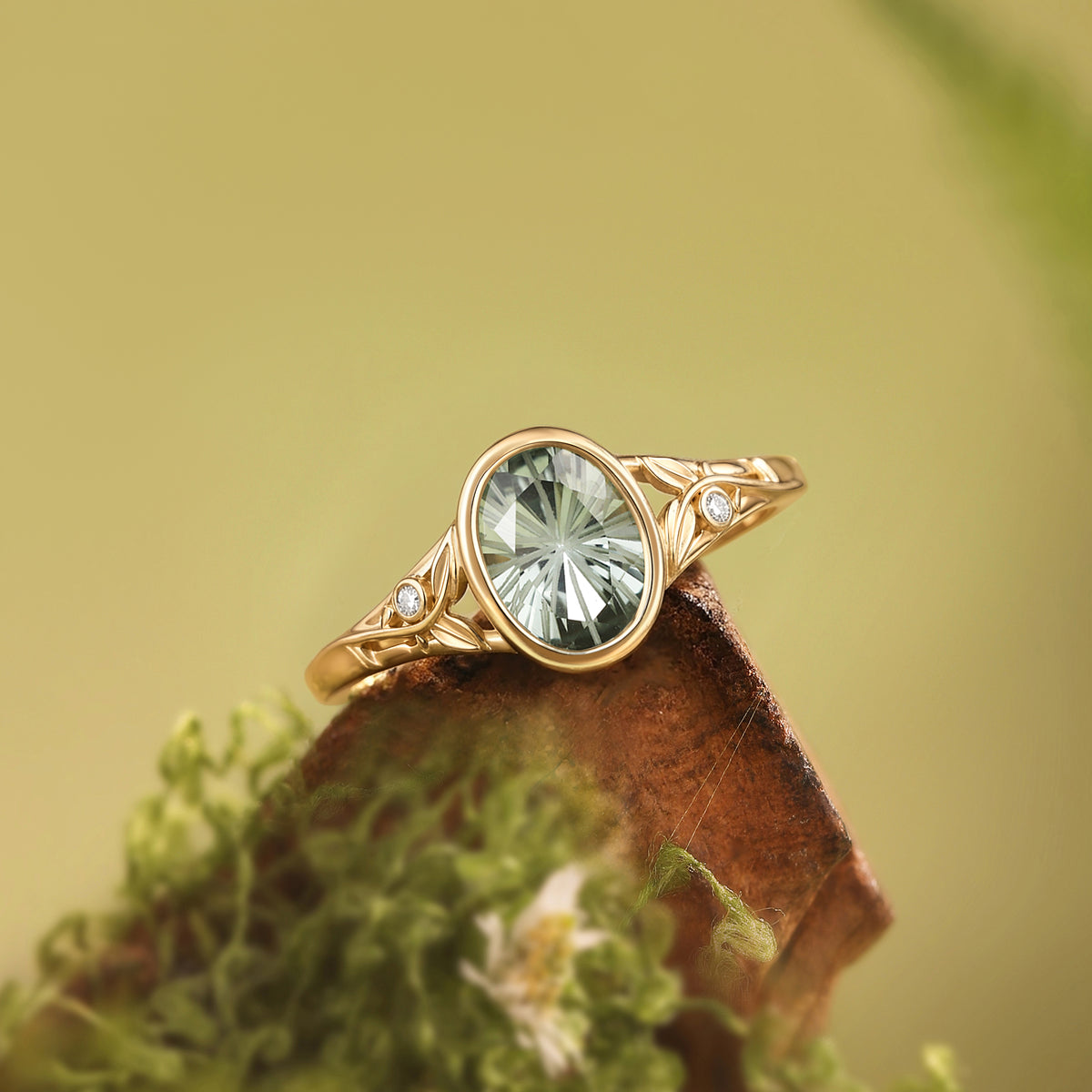 Firework Bezel Oval Cut Green Sapphire Natural Inspired Leaf Engagement Ring - Beryl