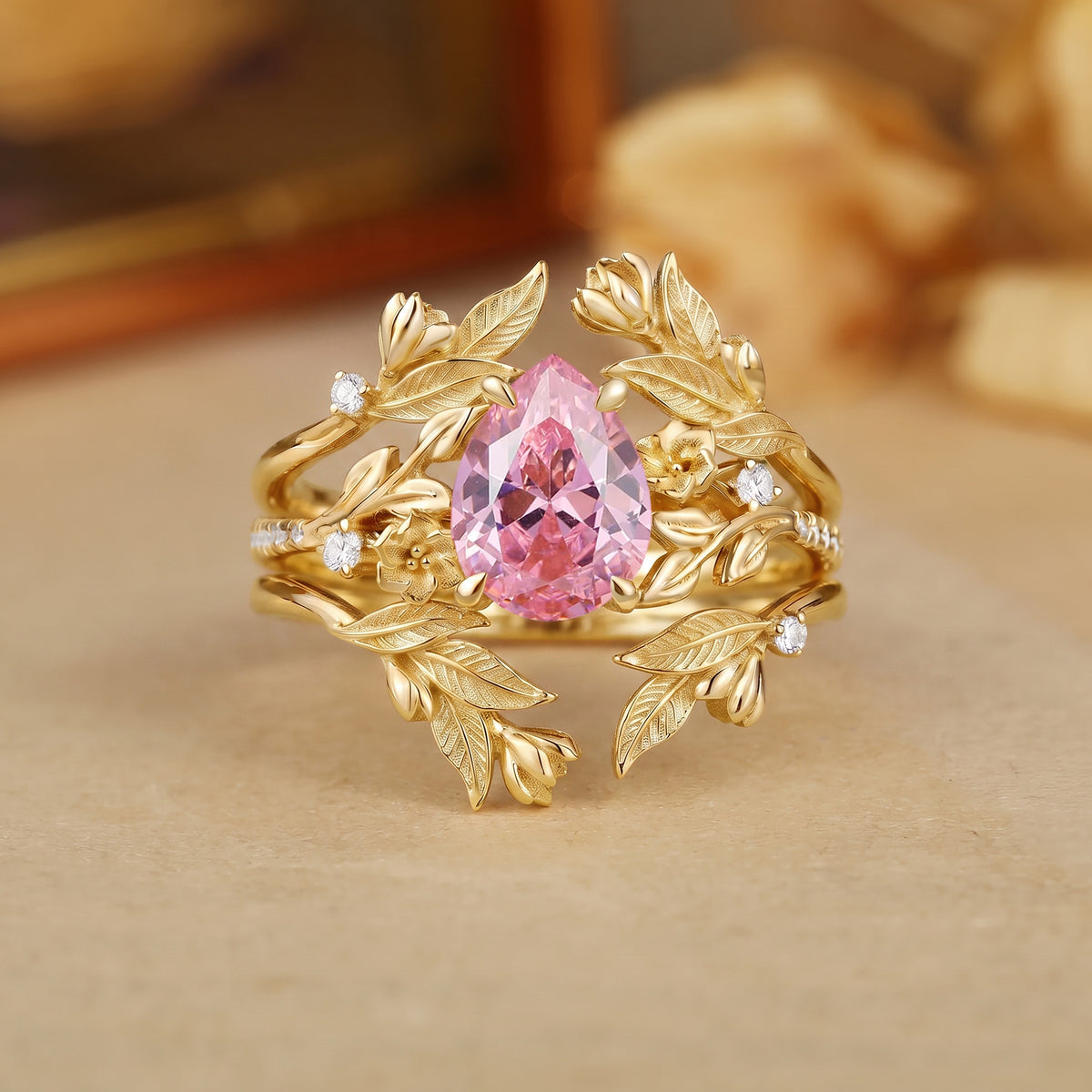 Pear Cut Lab Padparadscha Sapphire Leafy Floral Bridal Set 2pcs-Soleille