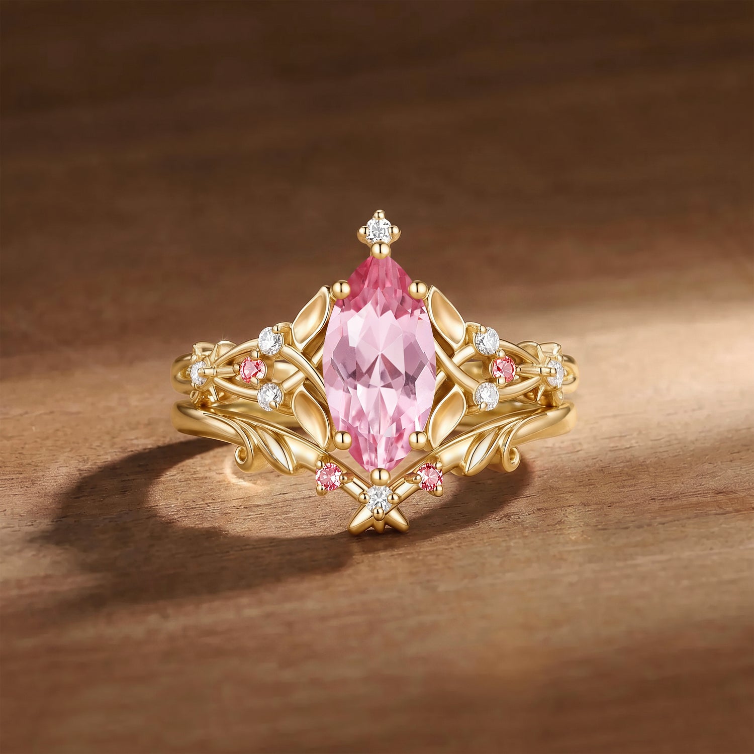 Floral Fairy Marquise Cut Padparadscha Sapphire Leafy Bridal Set 2pcs - Faith