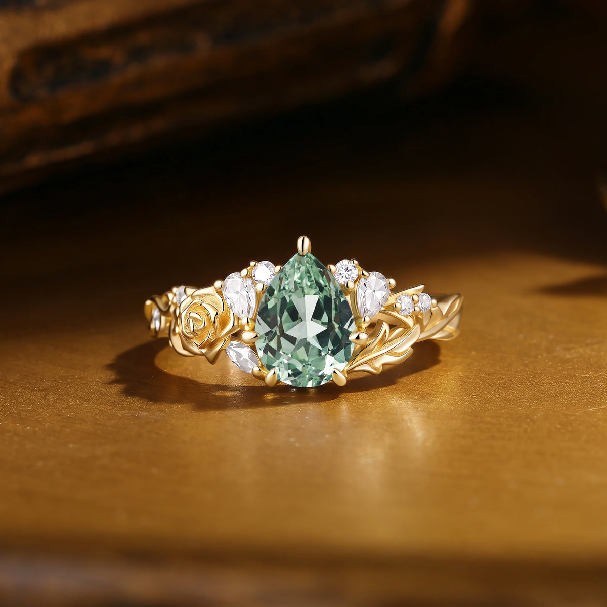 Pear Cut Lab Green Sapphire Rose Flower Leafy Engagement Ring - Ginger