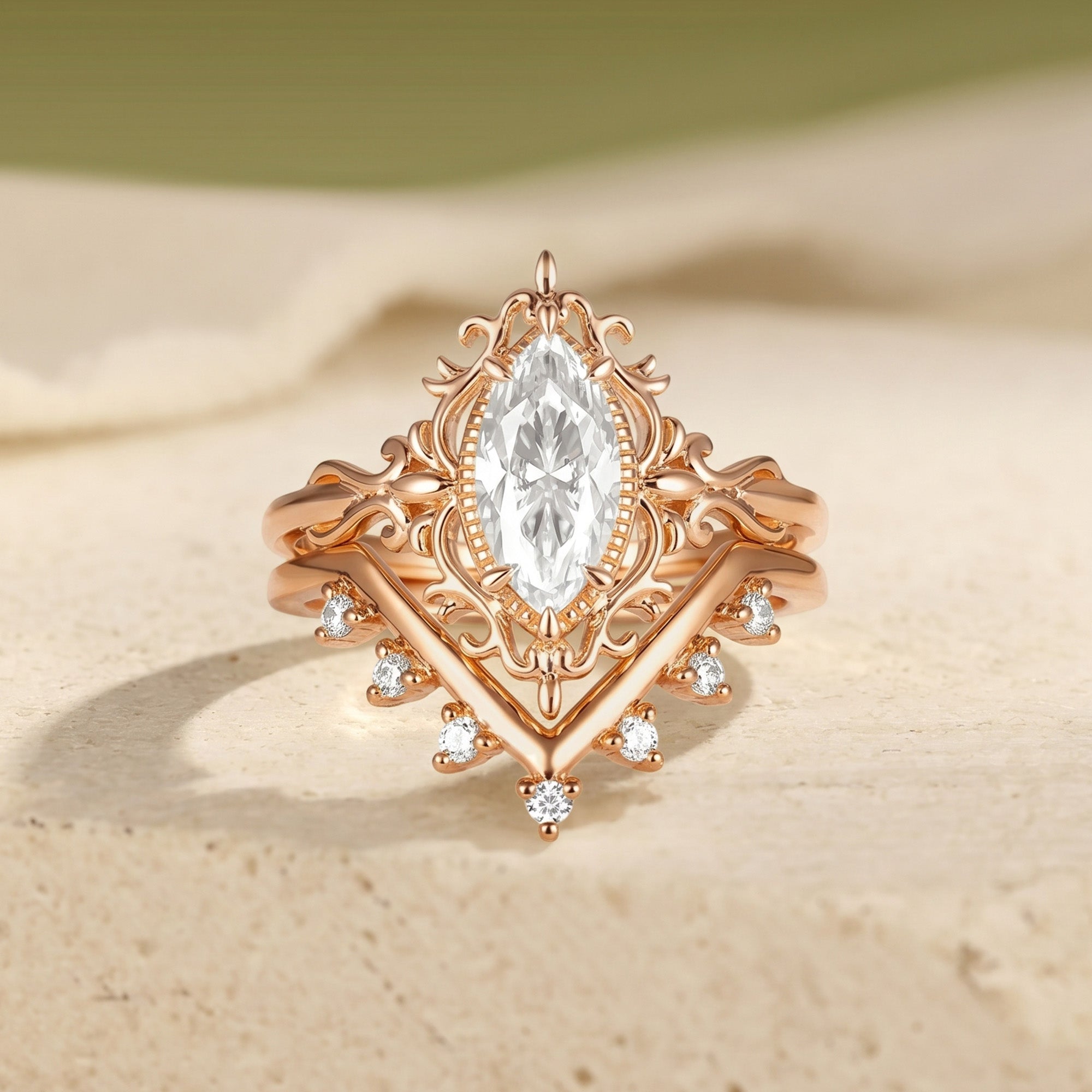 Victorian Filigree Marquise Moissanite Bridal Set 2PCS - Alina