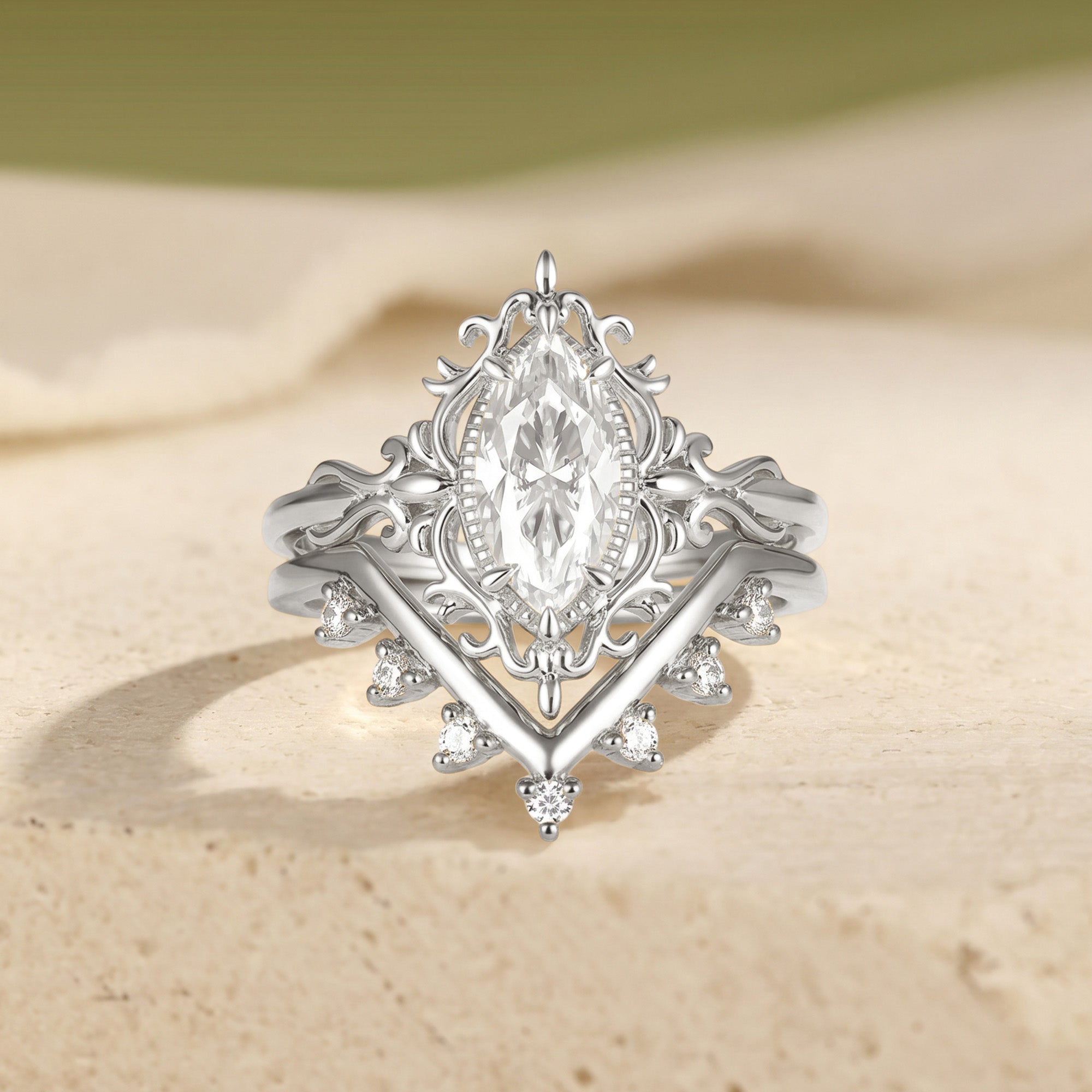 Victorian Filigree Marquise Moissanite Bridal Set 2PCS - Alina