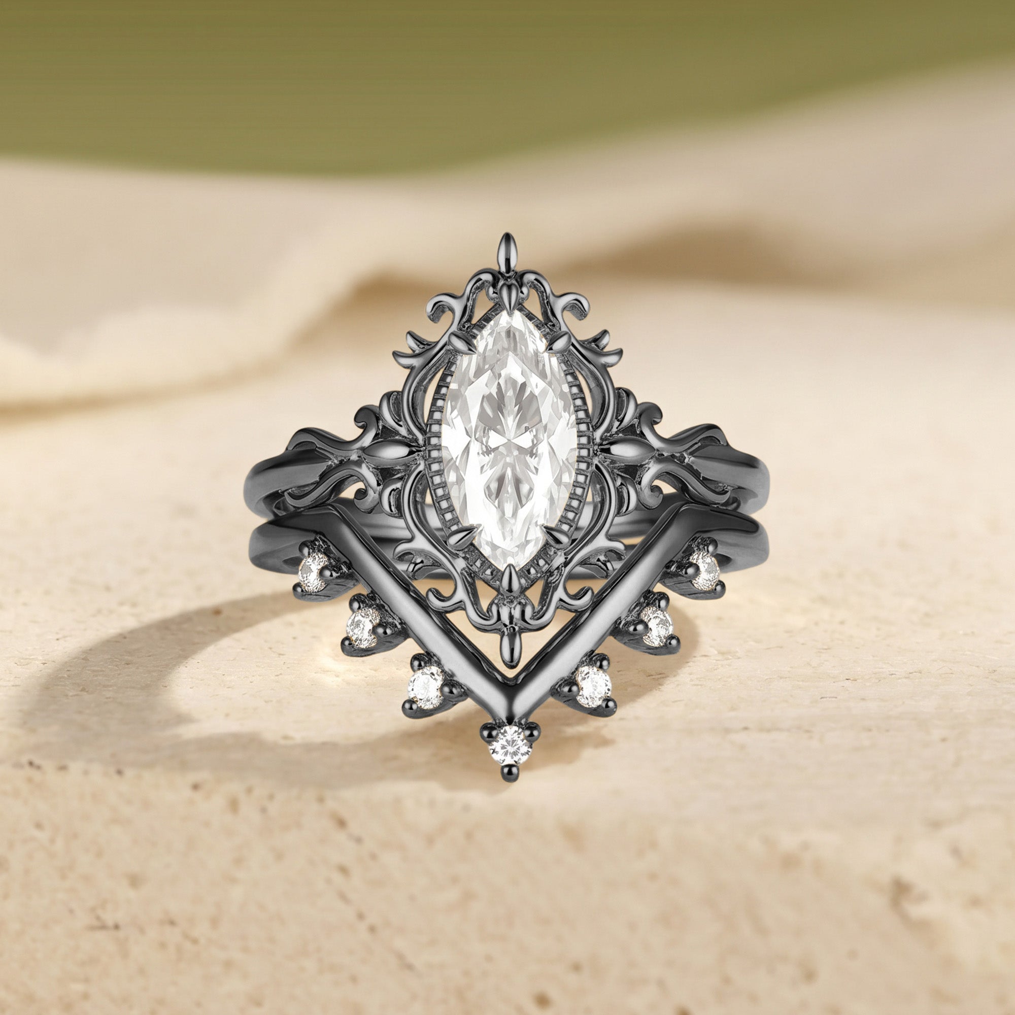 Victorian Filigree Marquise Moissanite Bridal Set 2PCS - Alina