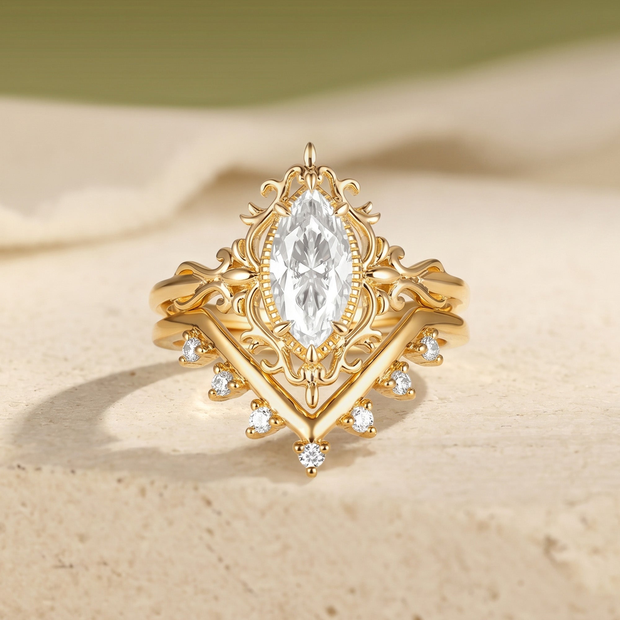 Victorian Filigree Marquise Moissanite Bridal Set 2PCS - Alina