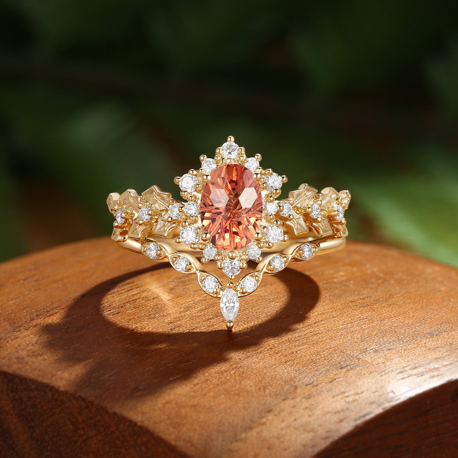 Esme - Oval Cut Firework Orange Sapphire Holly Leaf Engagement Ring Set 2PCS