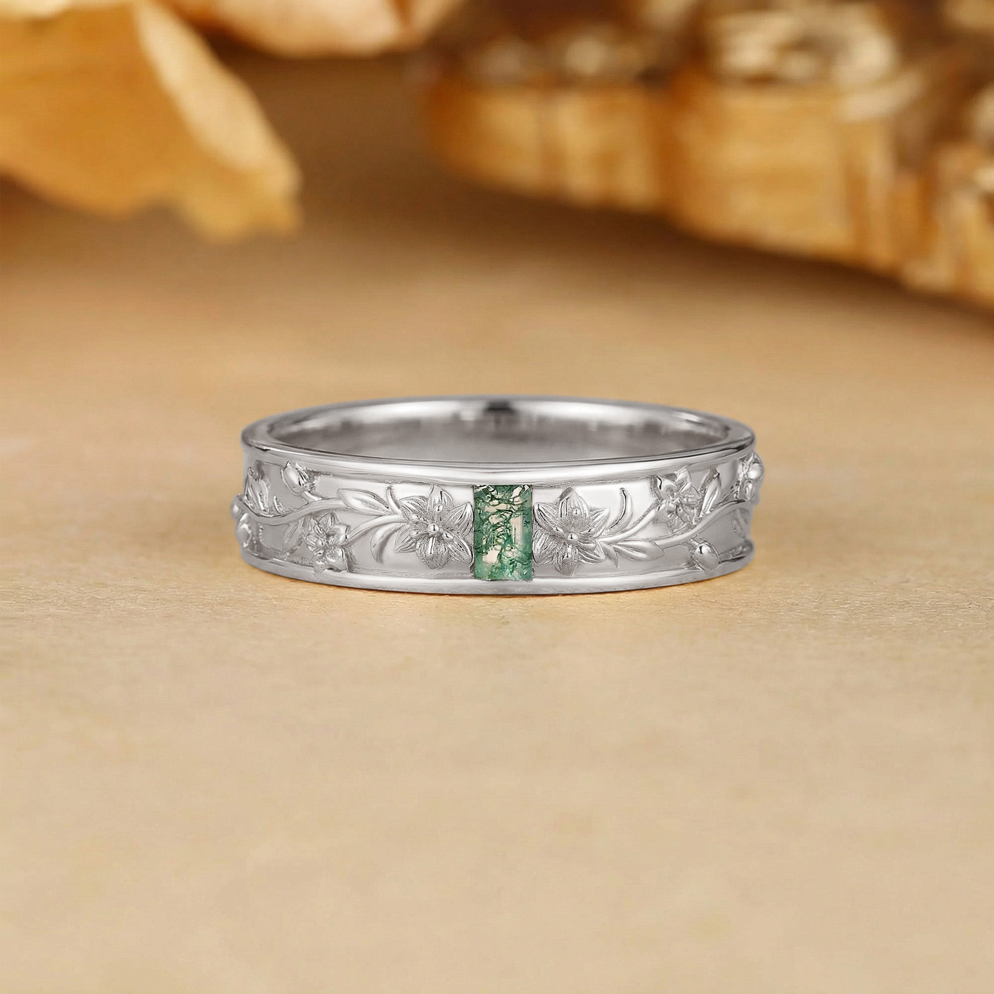 Men Band - Art Deco Emerald Cut Moss Agate Flower Inspired Engraved Ring