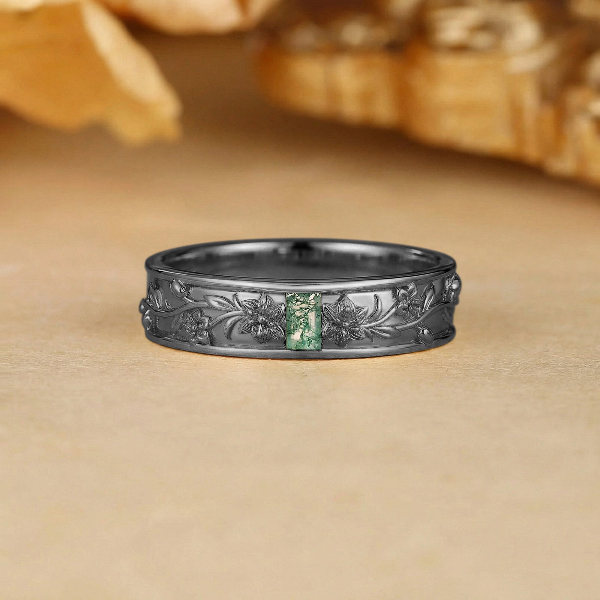 Men Band - Art Deco Emerald Cut Moss Agate Flower Inspired Engraved Ring