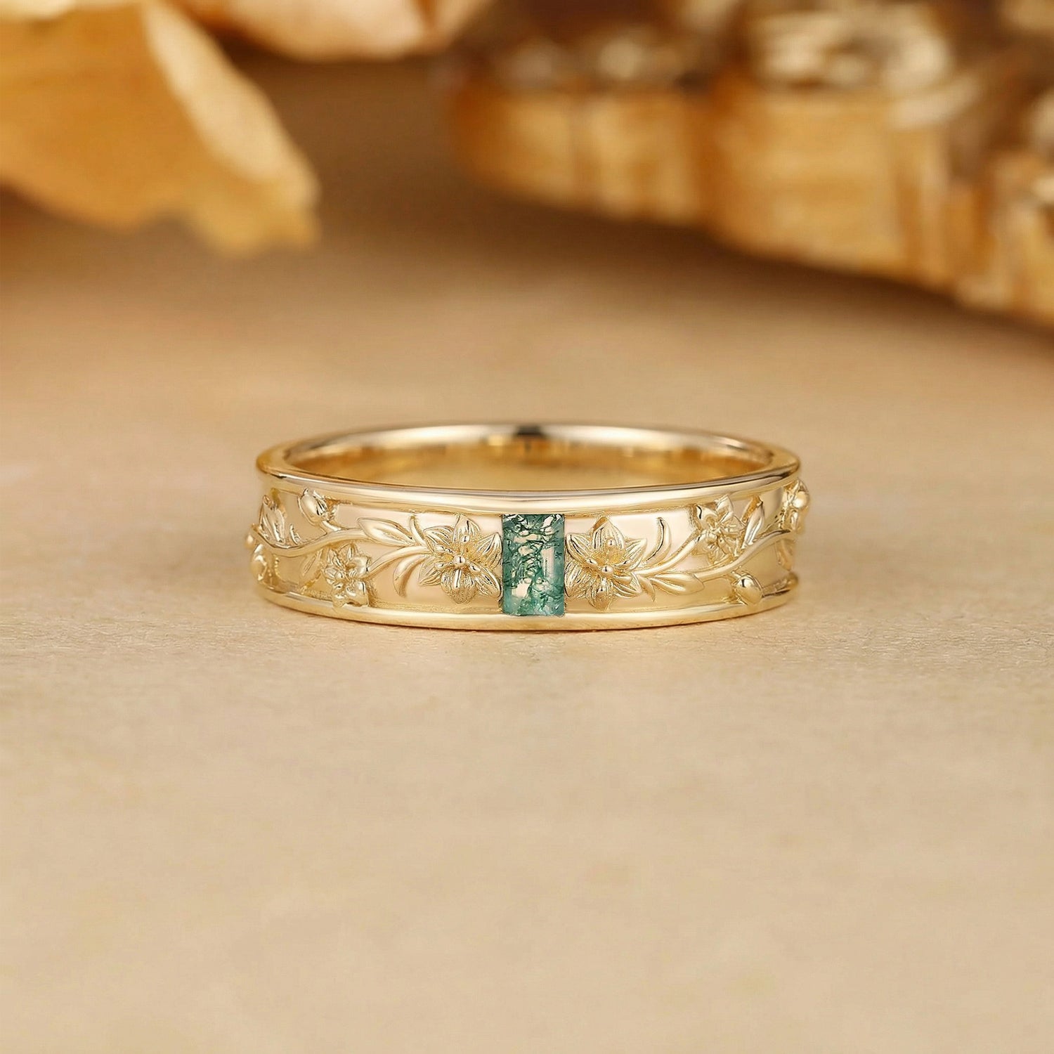 Men Band - Art Deco Emerald Cut Moss Agate Flower Inspired Engraved Ring