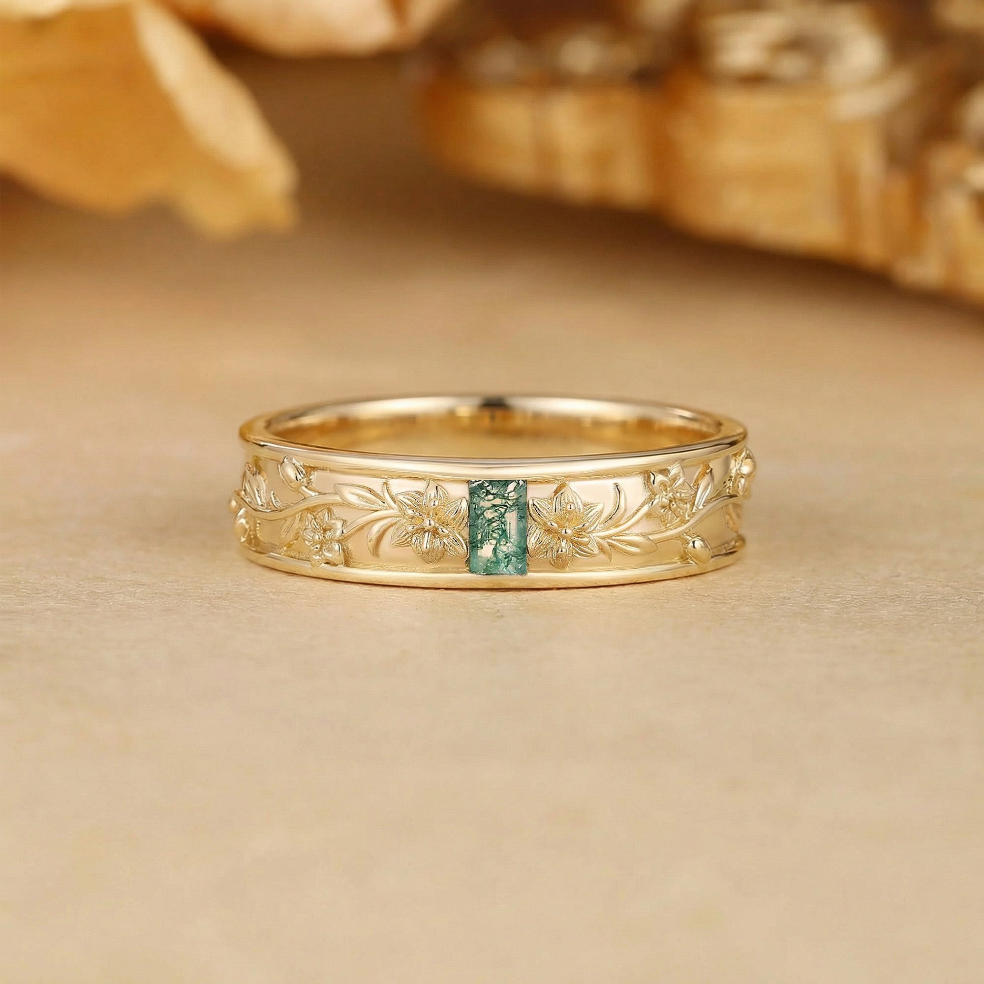 Men Band - Art Deco Emerald Cut Moss Agate Flower Inspired Engraved Ring