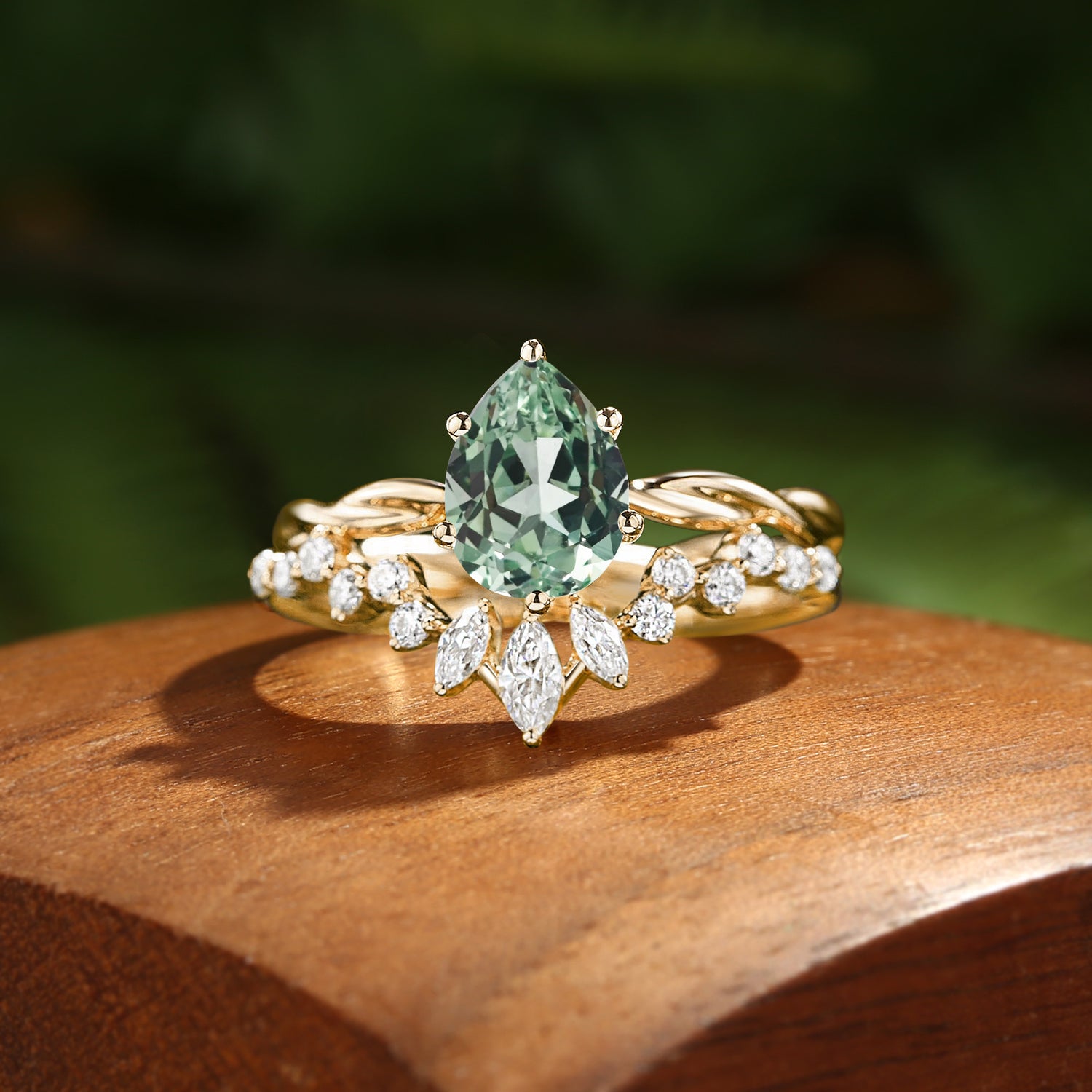 Coralie - Pear Cut Lab Green Sapphire Twist Engagement Ring Set 2pcs